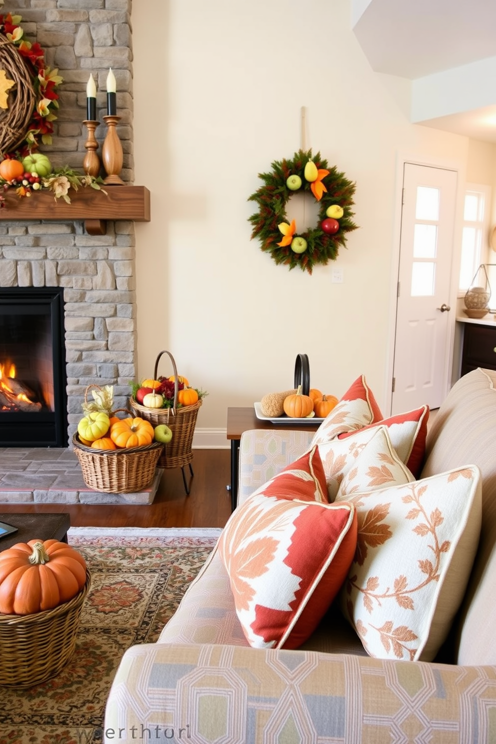 A cozy living room adorned for Thanksgiving. Decorative baskets filled with colorful gourds are placed around the fireplace, complemented by warm, autumn-themed throw pillows on the sofa.