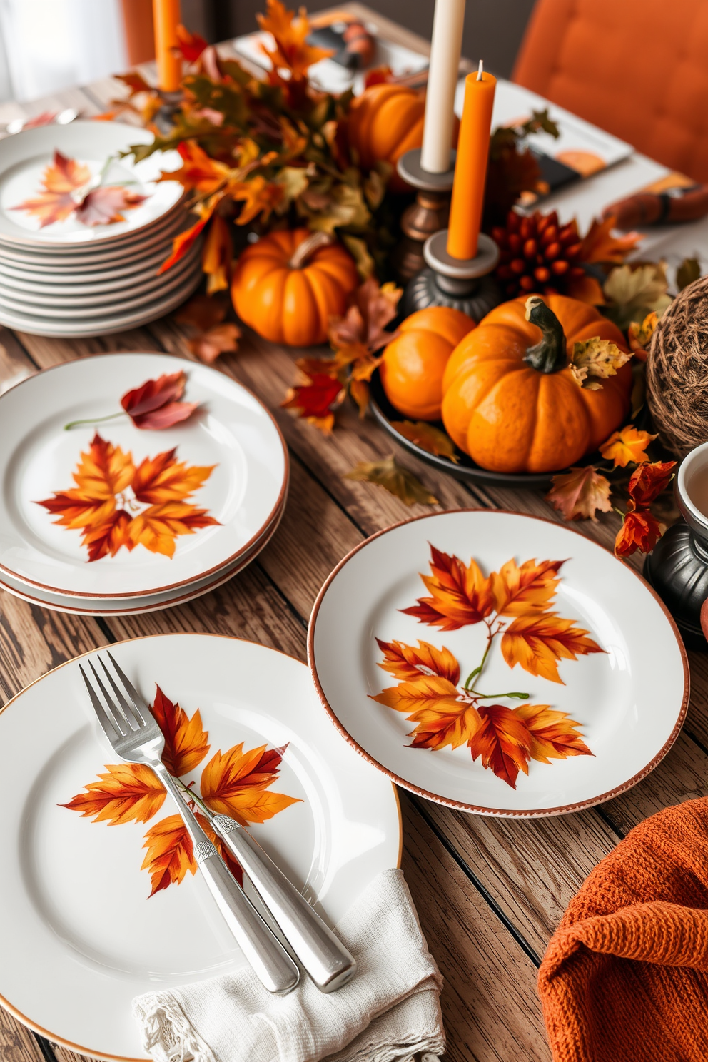 Thanksgiving-themed dishware features a collection of porcelain plates adorned with autumn leaves and pumpkins. The utensils are crafted from polished stainless steel, elegantly arranged beside the plates on a rustic wooden table. Thanksgiving decorating ideas include a centerpiece made of seasonal fruits and candles in warm hues. Surround the table with cozy, textured linens in rich oranges and deep browns to create a festive atmosphere.