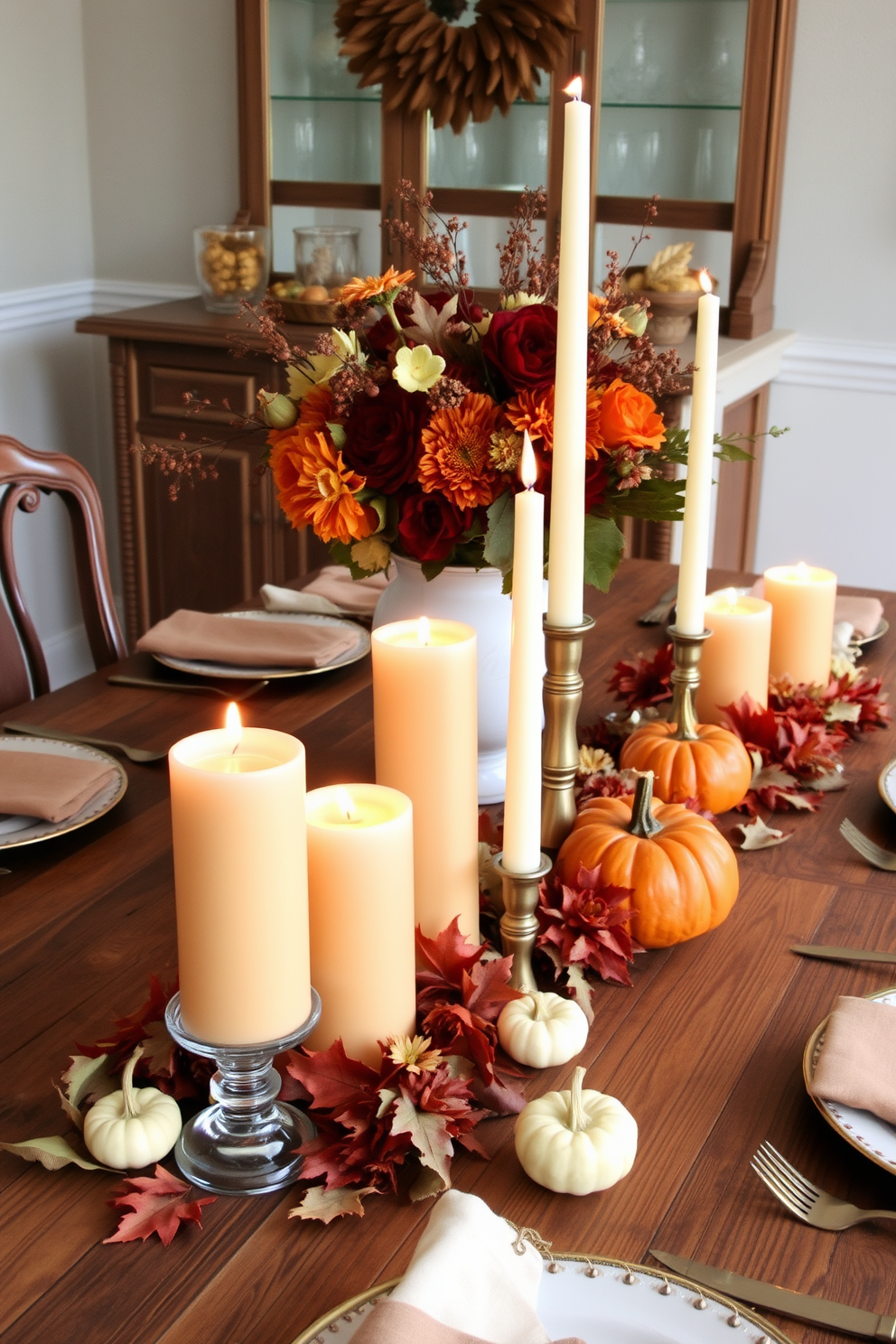 Create a cozy Thanksgiving setting featuring cinnamon-scented candles placed strategically on a rustic wooden dining table. Surround the candles with autumn leaves, small pumpkins, and elegant tableware to enhance the festive atmosphere. Incorporate warm, earthy tones throughout the decor, using rich browns and oranges to complement the candles. Add a centerpiece of seasonal flowers in a simple vase to bring a touch of nature indoors.