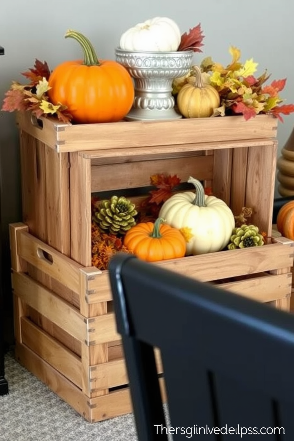 Create a cozy Thanksgiving setting featuring wooden crates stacked in a decorative arrangement. Fill the crates with seasonal elements such as pumpkins, gourds, and autumn leaves to enhance the rustic charm.