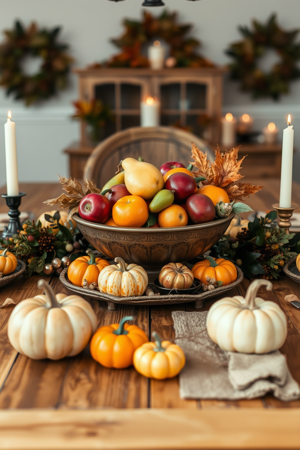 A beautifully arranged fruit bowl sits at the center of a rustic wooden dining table adorned with autumn-themed decorations. Surrounding the bowl are small pumpkins and candles, creating a warm and inviting atmosphere for Thanksgiving gatherings. The vibrant colors of the seasonal fruits, such as apples, pears, and oranges, contrast beautifully with the rich earth tones of the table setting. Soft, ambient lighting enhances the cozy feel, making it the perfect centerpiece for a festive feast.