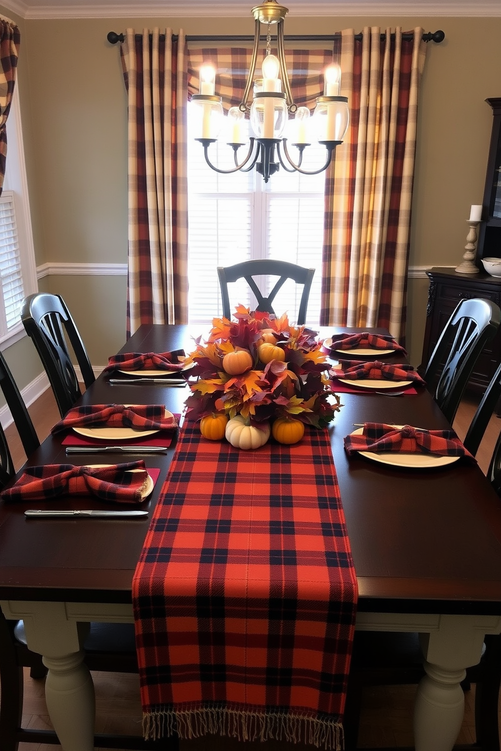 A cozy dining room setting adorned with warm plaid table runners and matching napkins. The table is set for a festive Thanksgiving dinner, featuring a centerpiece of autumn leaves and small pumpkins.