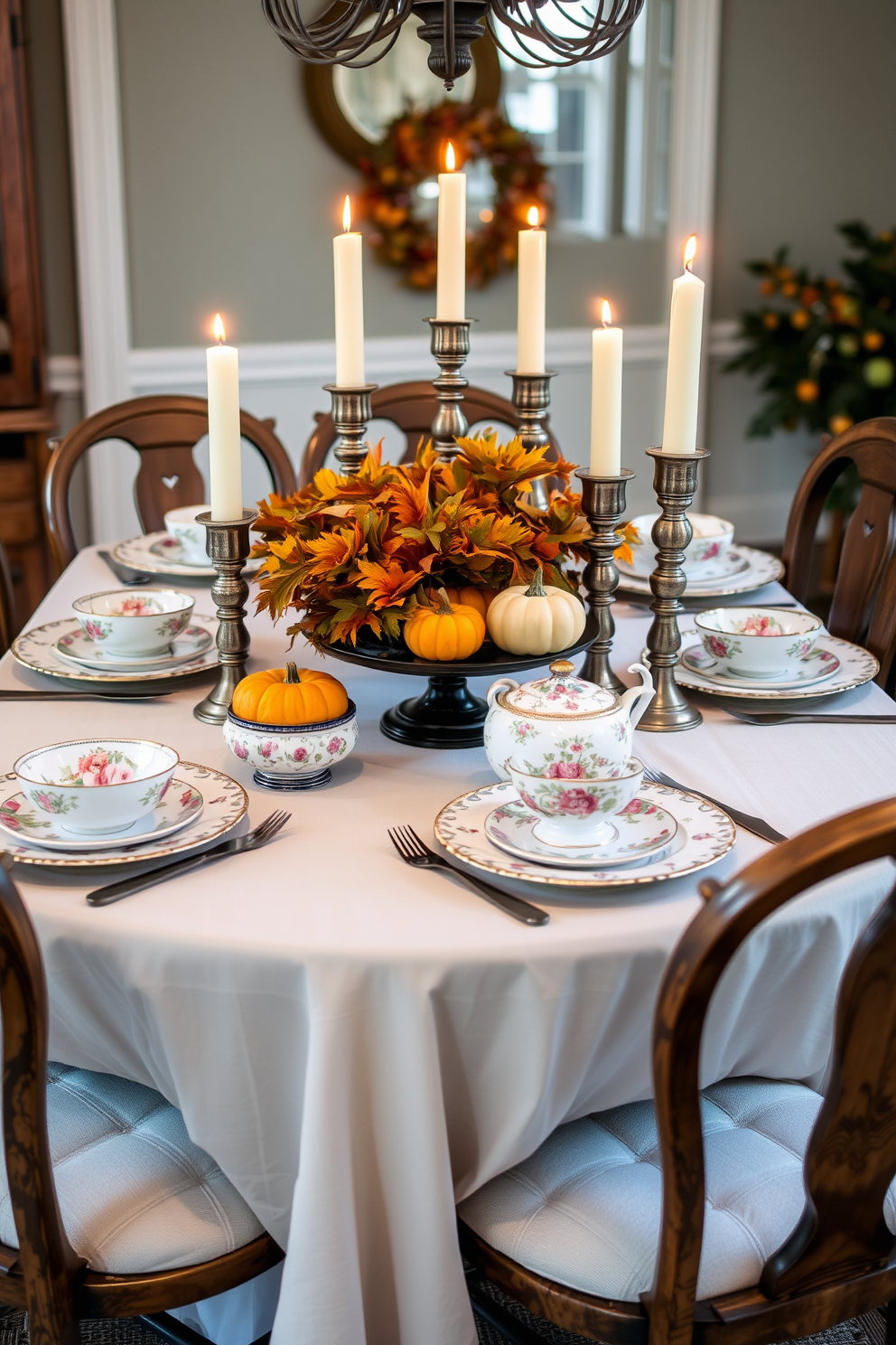 A beautifully set dining table adorned with vintage china featuring intricate floral patterns. The table is draped with a soft linen tablecloth, and flickering candles in elegant holders create a warm and inviting atmosphere. Surrounding the table are rustic wooden chairs, each topped with a cozy cushion. Freshly picked autumn leaves and small pumpkins are artfully arranged as a centerpiece, enhancing the classic Thanksgiving feel.