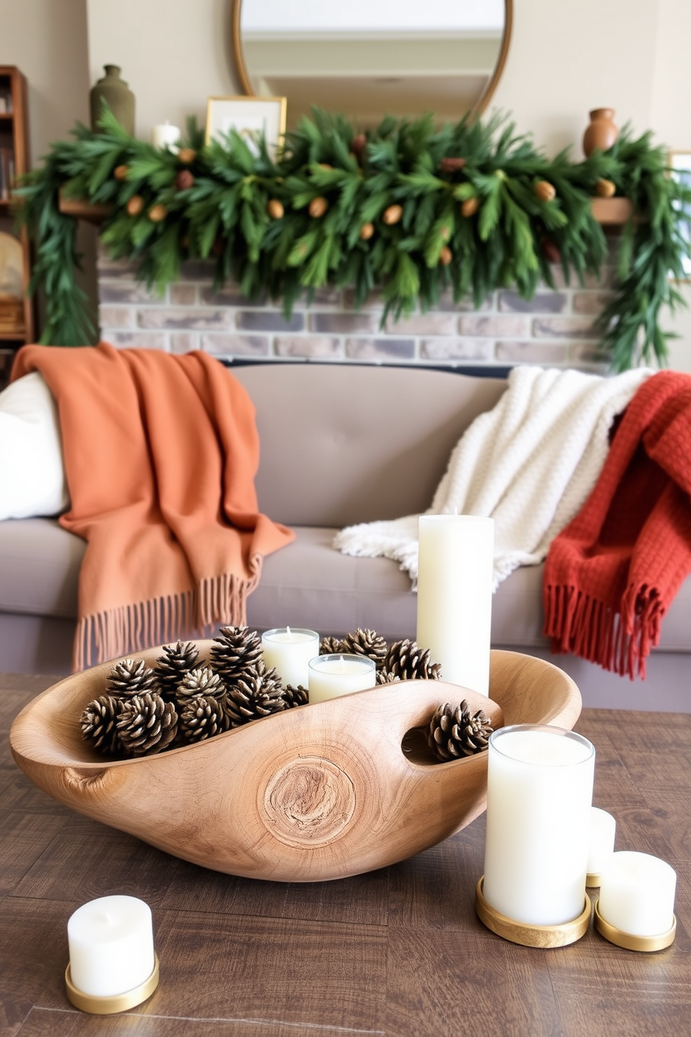 A cozy living room adorned with natural elements for Thanksgiving. Pine cones are artfully arranged in a rustic wooden bowl on the coffee table, surrounded by candles of varying heights. The mantel above the fireplace is decorated with a garland made of greenery and interspersed pine cones. Soft throw blankets in warm colors drape over the couch, inviting guests to relax and enjoy the festive atmosphere.