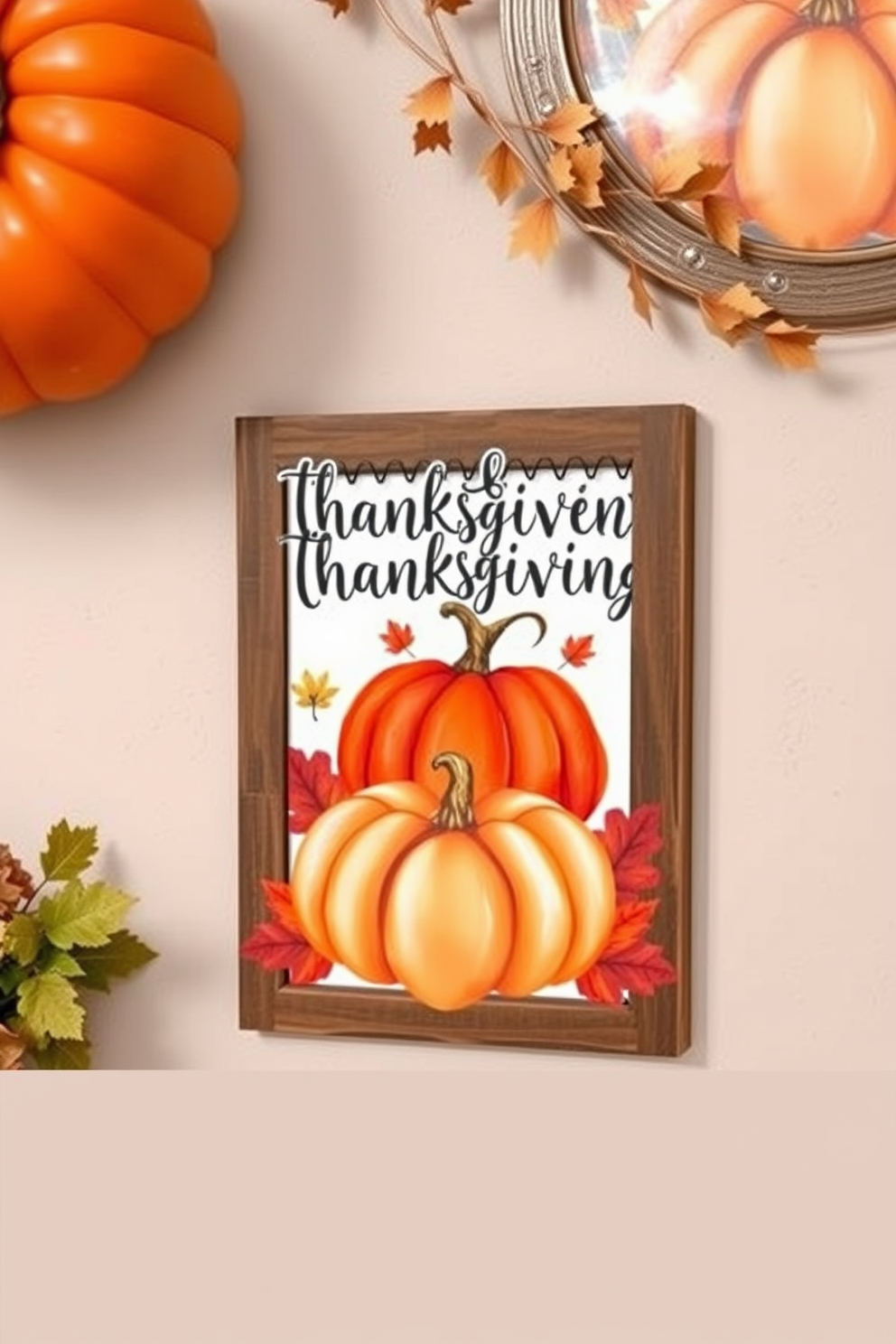 Thanksgiving-themed wall art featuring a warm autumn palette with shades of orange, red, and gold. The artwork includes hand-painted pumpkins, fall leaves, and a rustic wooden frame that complements the seasonal decor.