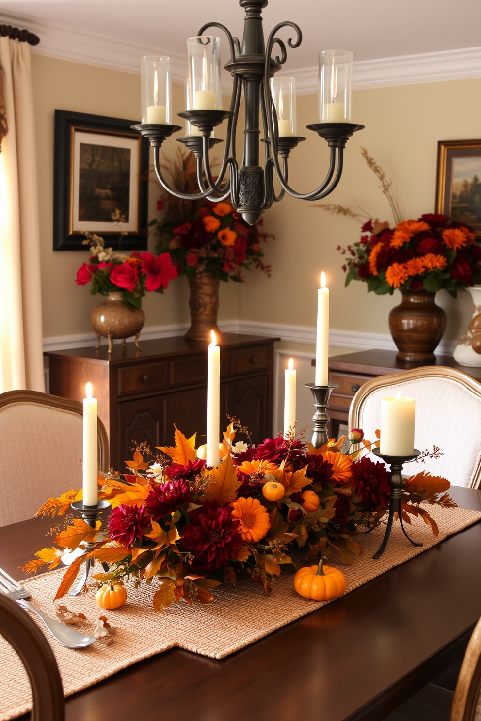 A warm and inviting dining room adorned with floral arrangements featuring rich fall colors. The table is set with a rustic centerpiece showcasing deep red and orange blooms alongside golden leaves and small pumpkins. Soft candlelight flickers from elegant candlesticks, casting a cozy glow across the room. The walls are decorated with autumn-themed art, and a woven table runner adds texture to the setting.