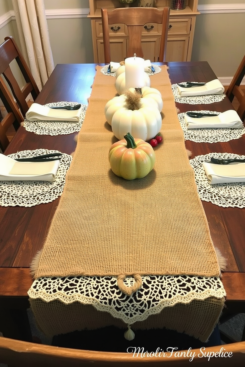 Create a warm and inviting Thanksgiving dining setting featuring layered textures of burlap and lace. The table is adorned with a burlap table runner, complemented by lace placemats, and surrounded by rustic wooden chairs.