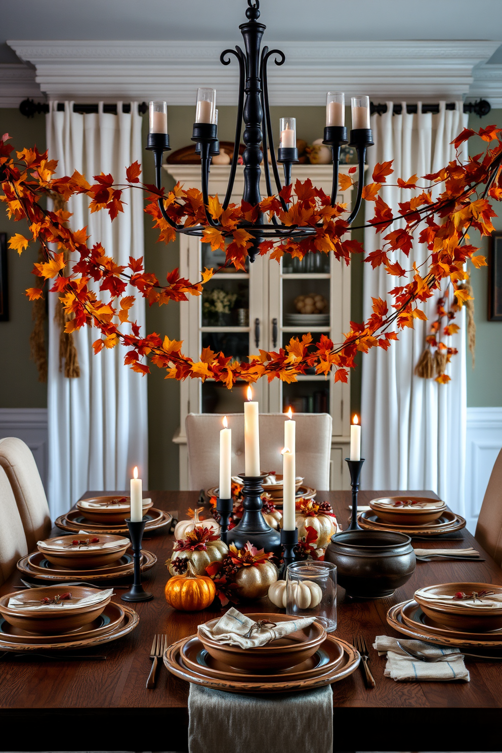 A warm and inviting dining room adorned with autumn leaf garlands gracefully draped across the tablescape. The table is set with rustic wooden dishes and flickering candlelight, creating a cozy atmosphere for Thanksgiving gatherings.