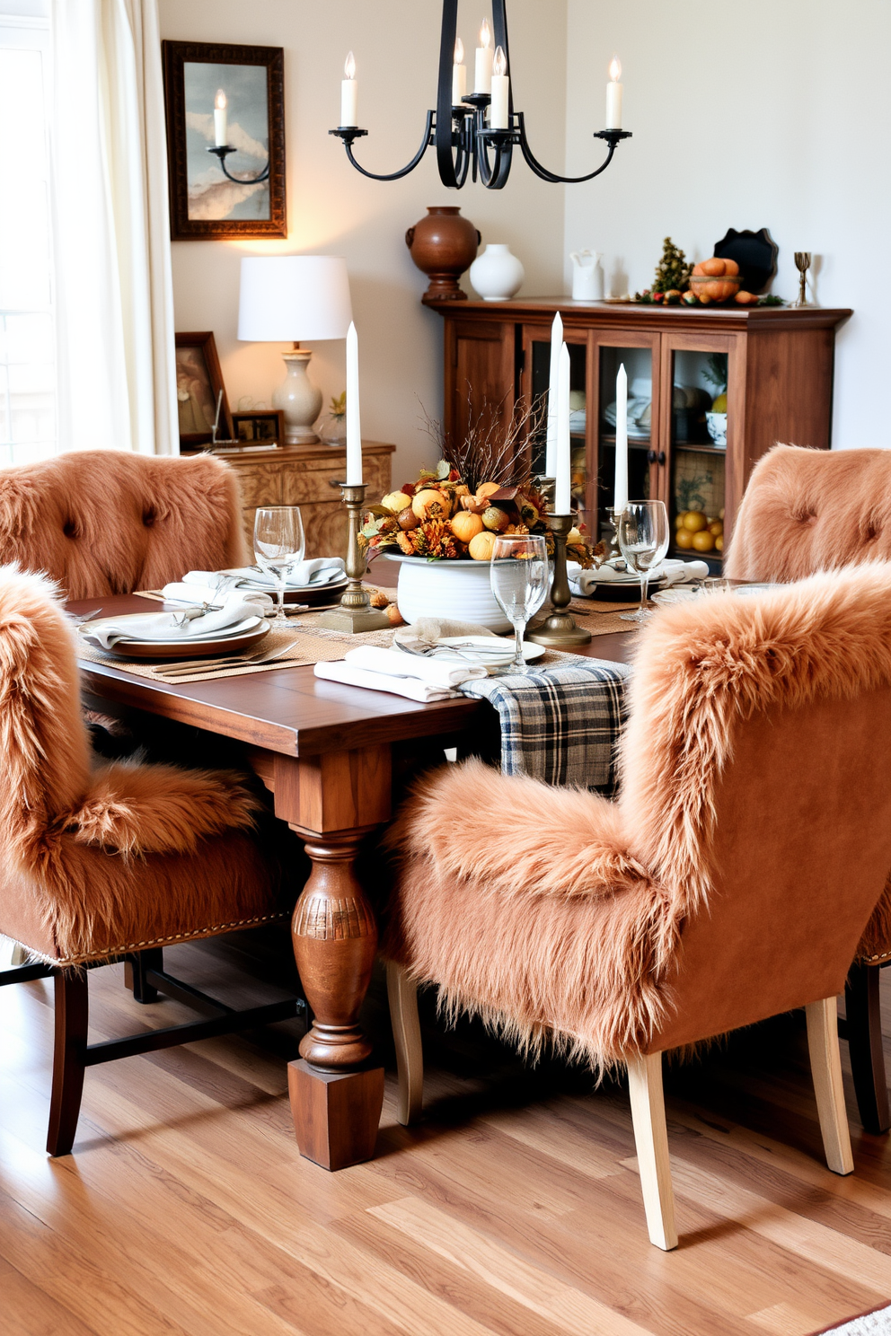 A cozy dining room setting for Thanksgiving. The dining chairs are adorned with soft faux fur throws in warm tones, creating an inviting atmosphere for family gatherings. A rustic wooden dining table is set with elegant dinnerware and autumn-themed centerpieces. Soft ambient lighting enhances the warmth of the space, making it perfect for festive celebrations.