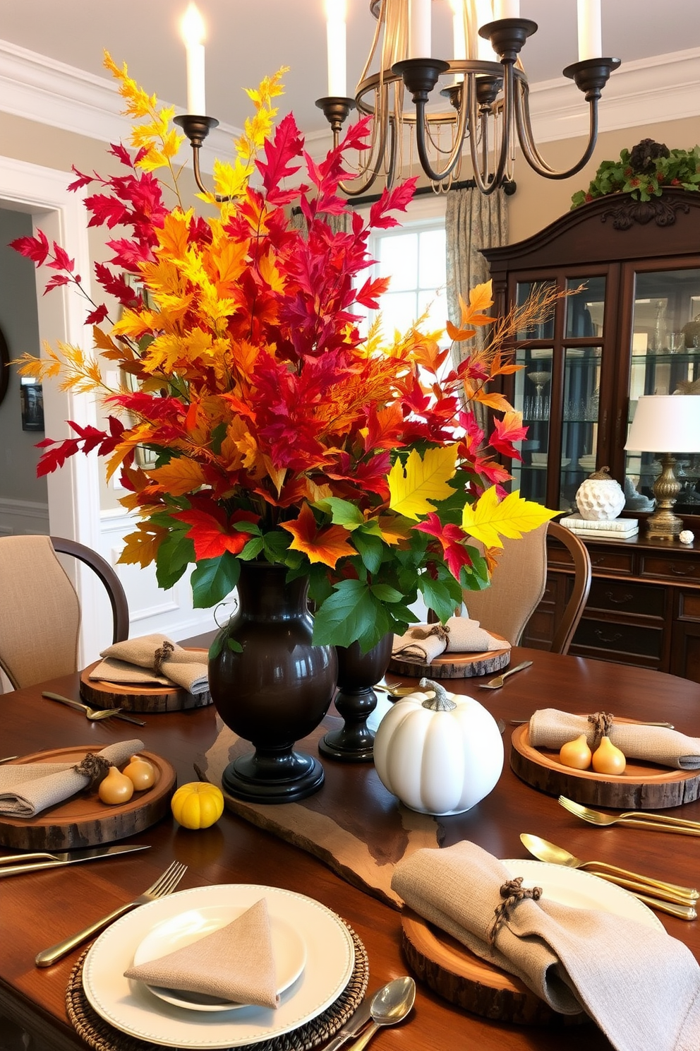 A warm and inviting dining room adorned with colorful fall foliage in elegant vases. The table is set with rustic wooden accents and golden cutlery, creating a festive atmosphere for Thanksgiving gatherings.