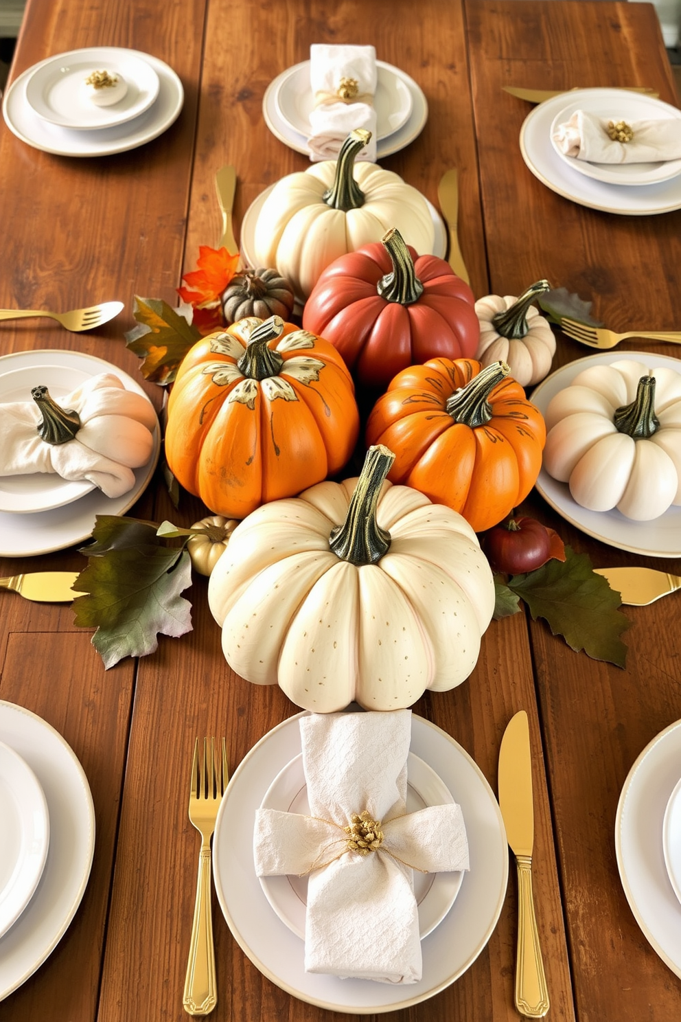 Hand-painted pumpkins in various autumn colors are arranged as a centerpiece on a rustic wooden dining table. Surrounding the pumpkins are elegant white dinner plates and golden cutlery, creating a warm and inviting Thanksgiving atmosphere.