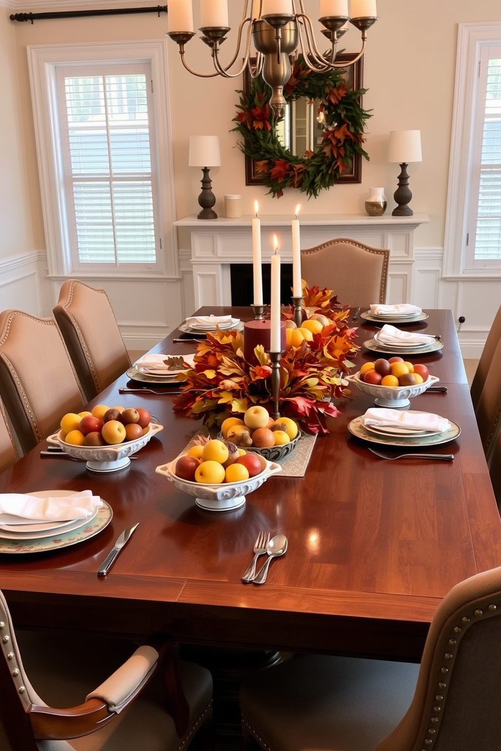 A beautifully set Thanksgiving dining room featuring a large wooden table adorned with seasonal fruits in decorative bowls. The table is surrounded by elegant upholstered chairs, and the centerpiece includes a mix of autumn leaves and candles for a warm ambiance.