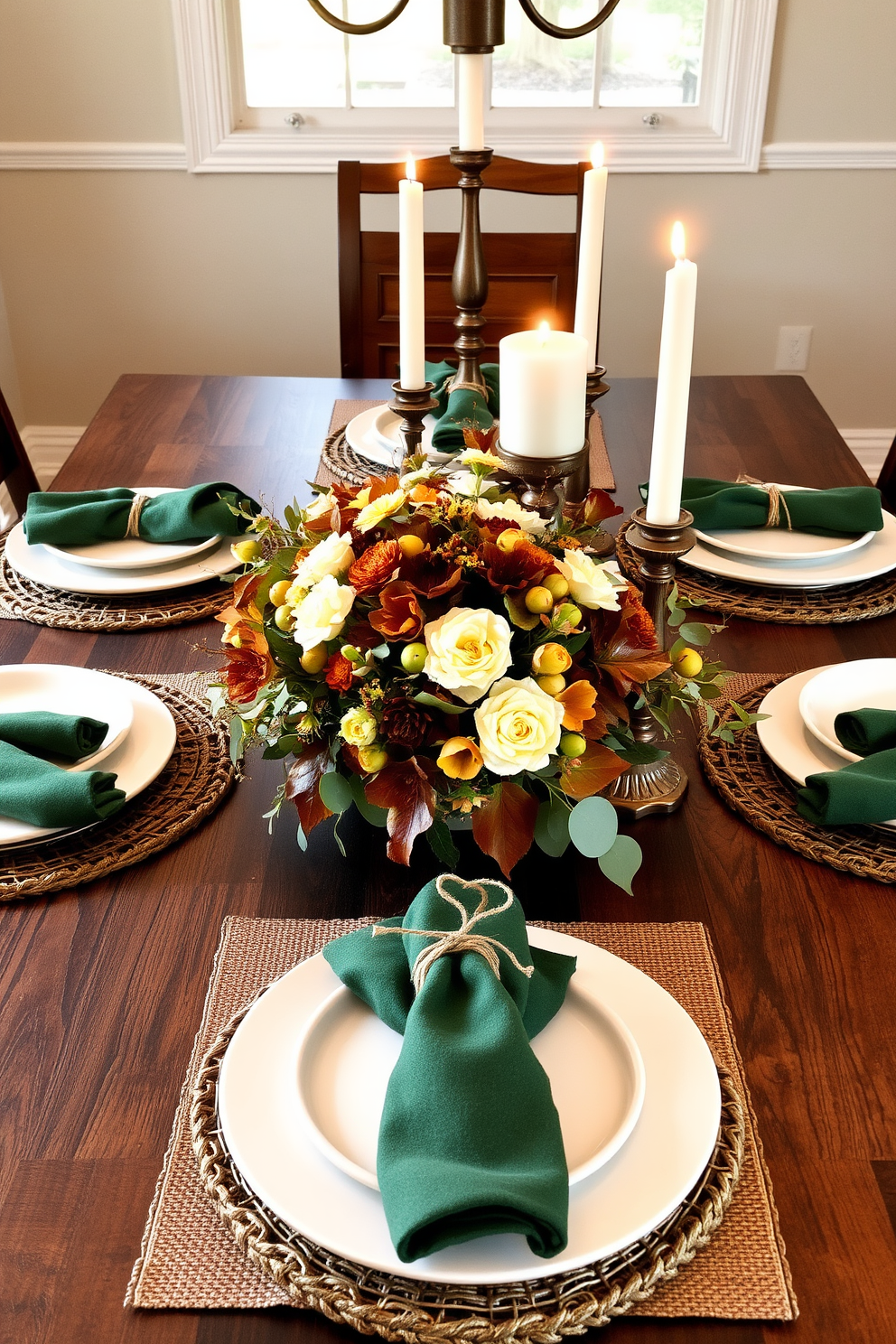 A beautifully arranged Thanksgiving dining table showcases a rich earthy color palette. The table is adorned with rustic wooden placemats, soft cream-colored dinnerware, and deep green napkins elegantly tied with twine. Centering the table is a stunning floral arrangement featuring autumn blooms in warm tones. Soft candlelight flickers from bronze holders, creating an inviting atmosphere for family and friends to gather.