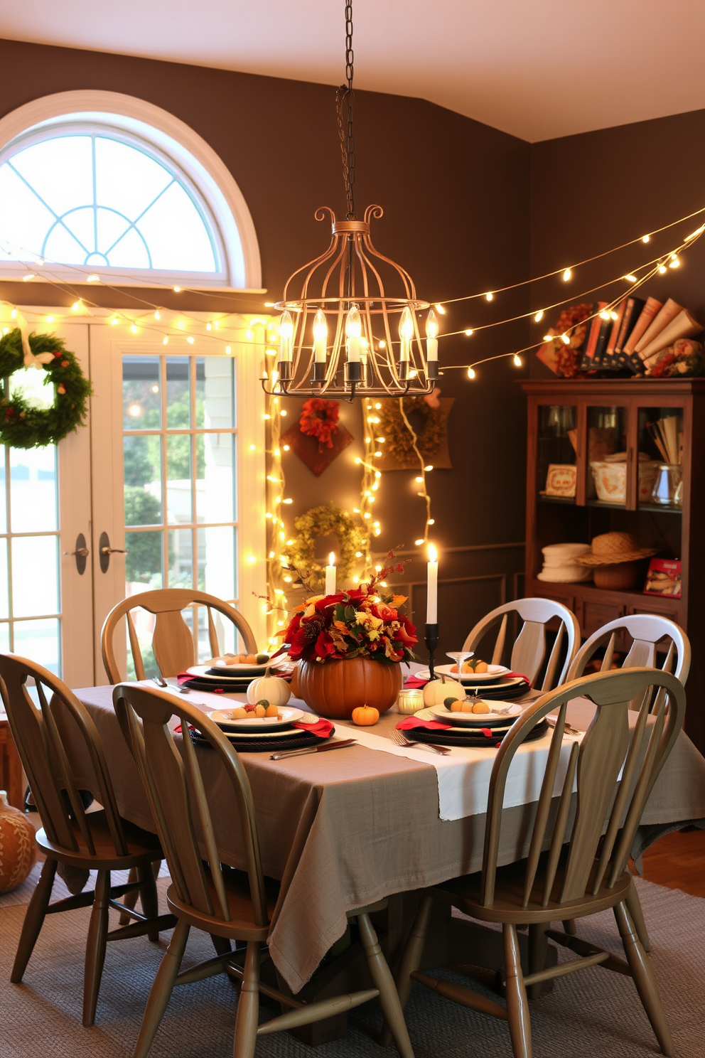 A cozy Thanksgiving dining room adorned with string lights creating a warm and festive glow. The dining table is set with a rustic tablecloth and surrounded by mismatched wooden chairs, while autumn-themed centerpieces add a seasonal touch.