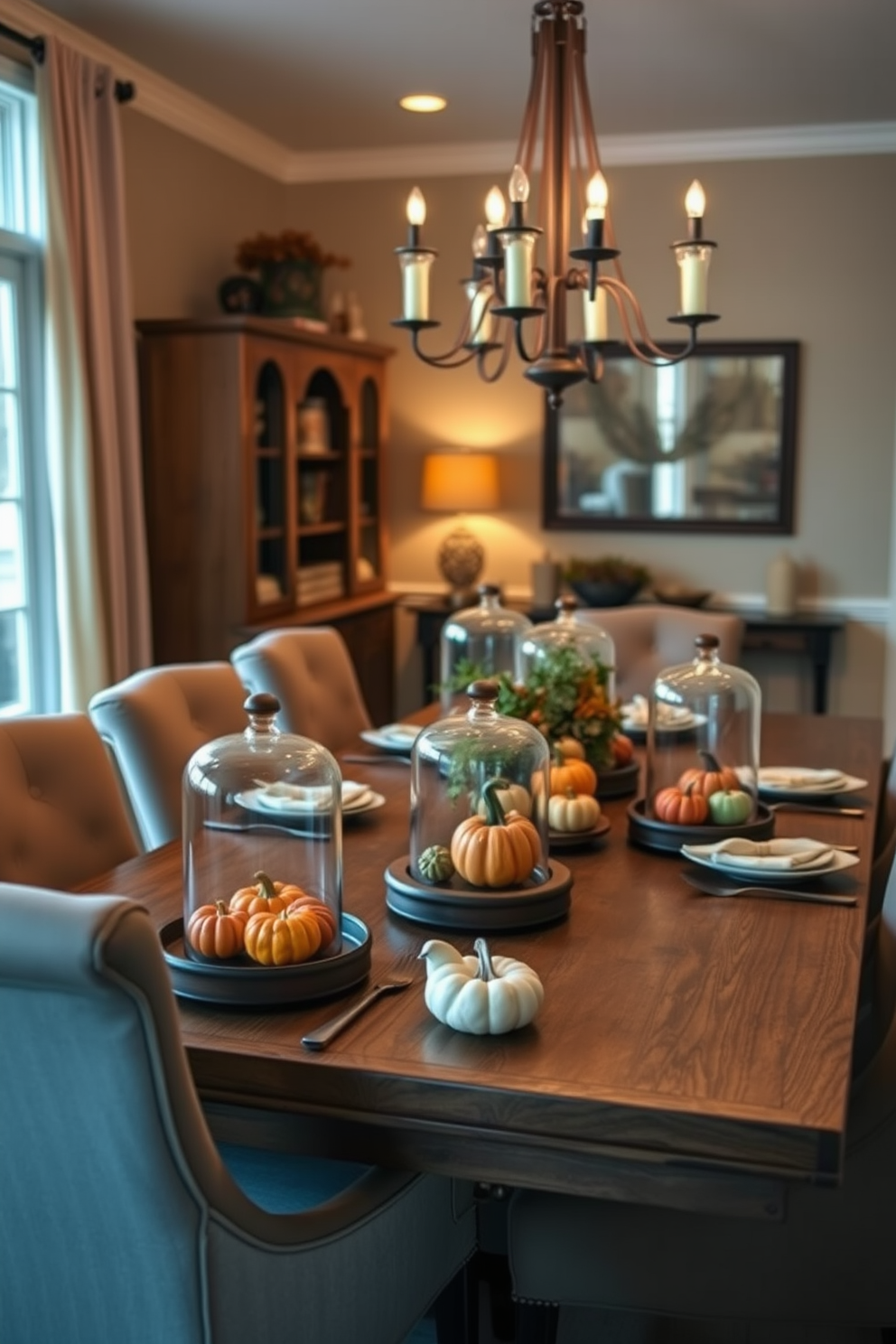 A warm and inviting dining room features a rustic wooden table set for Thanksgiving. On the table, glass cloches showcase mini pumpkins in various colors, adding a seasonal touch to the decor. Surrounding the table are upholstered chairs in earthy tones, creating a cozy atmosphere. Soft, ambient lighting from a chandelier above enhances the festive spirit of the room.