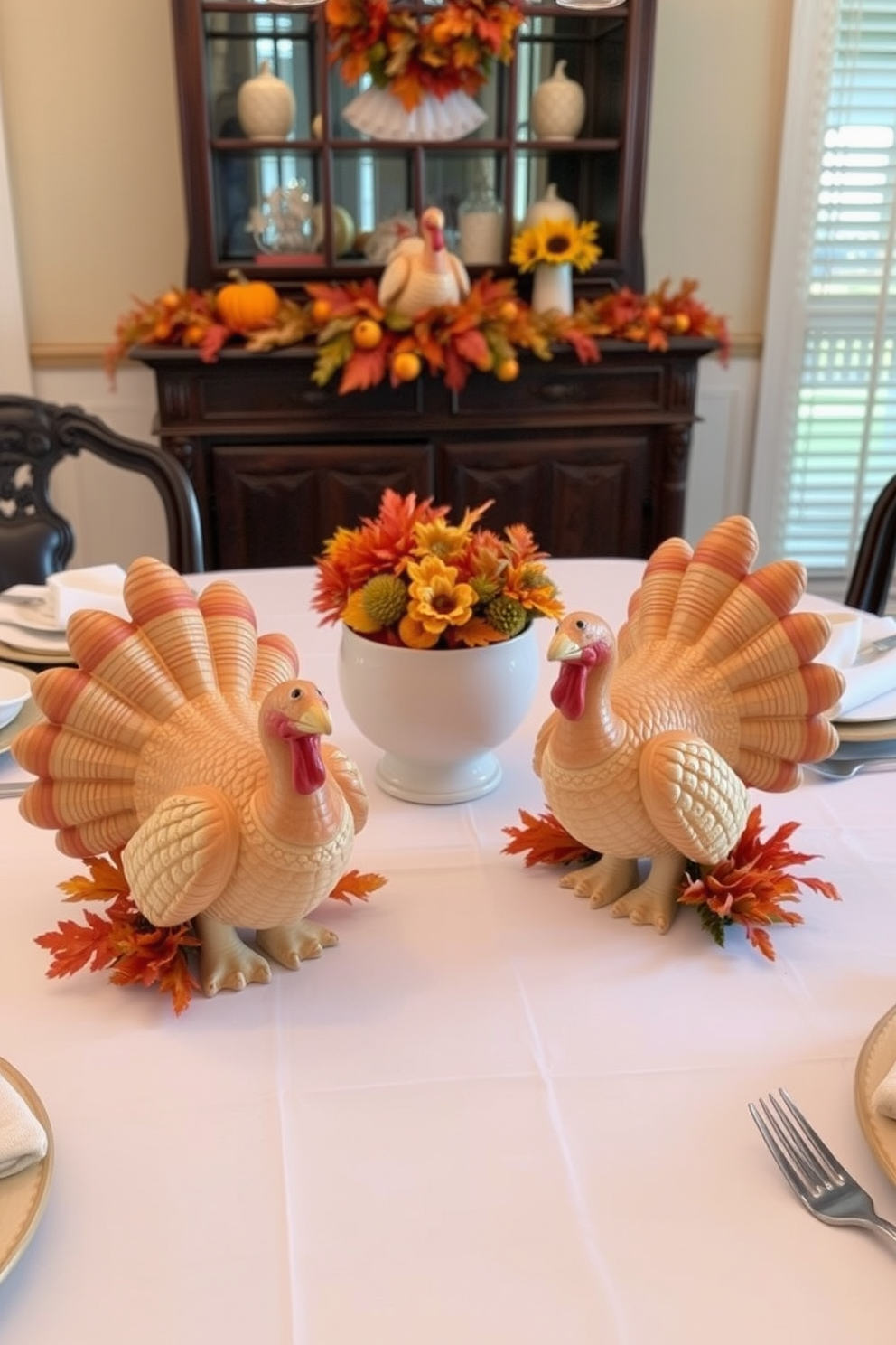 Charming turkey figurines take center stage as delightful centerpieces on a beautifully set Thanksgiving dining table. The table is adorned with a crisp white tablecloth, complemented by warm autumnal colors in the surrounding decor.