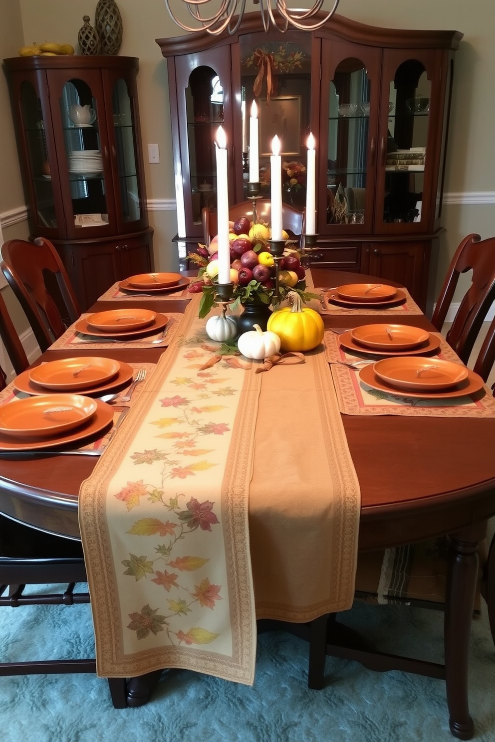 A cozy Thanksgiving dining room setting featuring harvest-themed table mats and runners. The table is elegantly set with autumn-colored plates, and a centerpiece of seasonal fruits and candles adds warmth to the atmosphere.