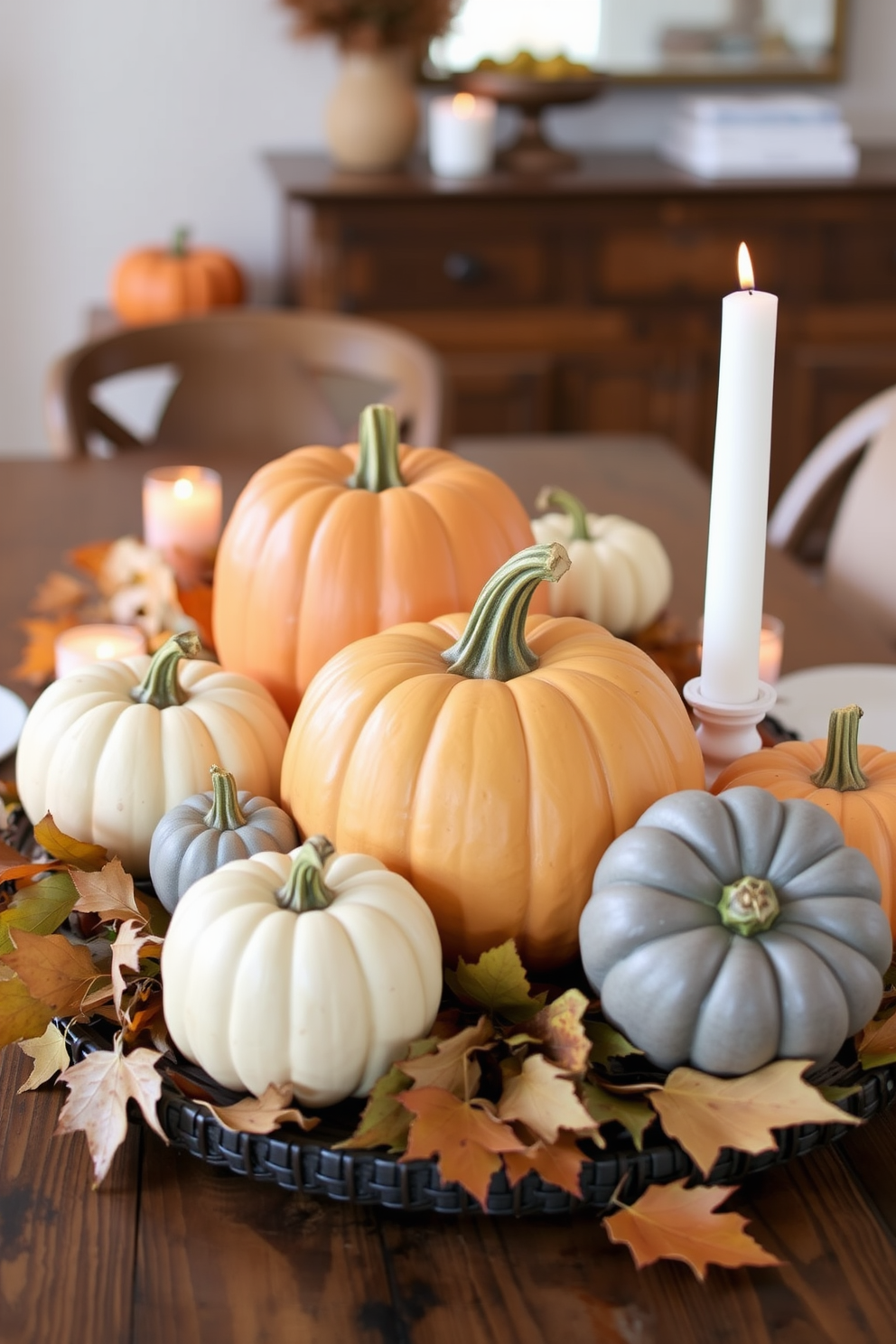 Warm-toned pumpkin centerpieces are artfully arranged on a rustic wooden dining table. Surrounding the pumpkins are soft, glowing candles and autumn leaves, creating a cozy atmosphere for Thanksgiving gatherings.