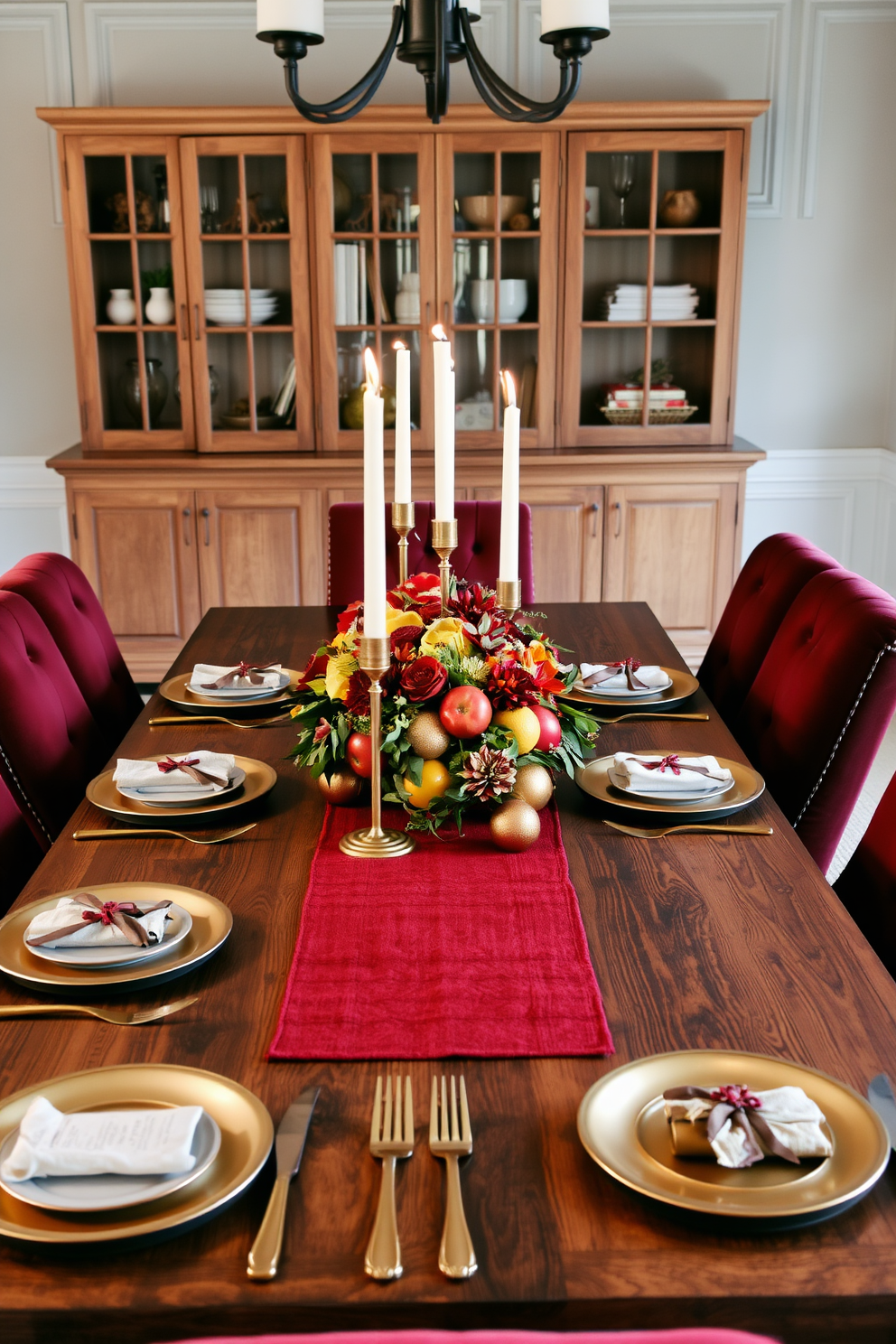 A Thanksgiving dining room features a large wooden table set for a festive meal. Mixed metal accents are incorporated through gold and silver flatware, alongside copper candle holders that add a modern flair. The table is adorned with a rich autumn-colored table runner and a centerpiece of seasonal fruits and flowers. Plush upholstered chairs in deep jewel tones surround the table, creating an inviting atmosphere for guests.