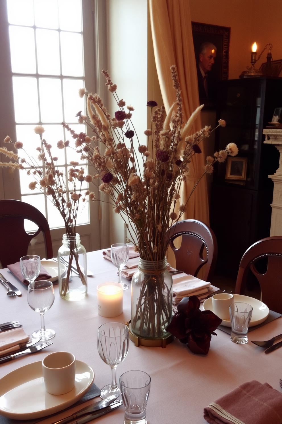 A cozy dining room adorned with dried flower arrangements in rustic jars. The table is set with elegant tableware, and soft, warm lighting enhances the inviting atmosphere.