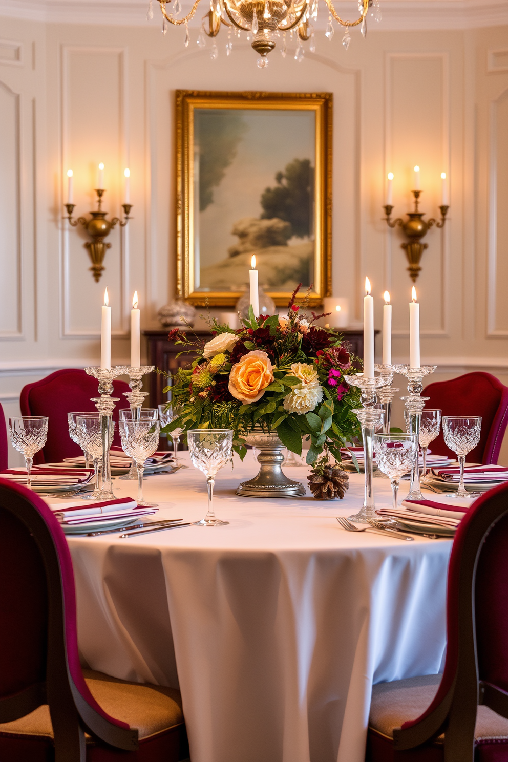 An elegant dining room setting designed for Thanksgiving. The table is adorned with a crisp white tablecloth and features an array of exquisite crystal stemware, reflecting the warm glow of candlelight. Surrounding the table are plush upholstered chairs in deep burgundy, inviting guests to sit and enjoy the festivities. A stunning floral centerpiece, composed of seasonal blooms and greenery, adds a touch of color and sophistication to the atmosphere.