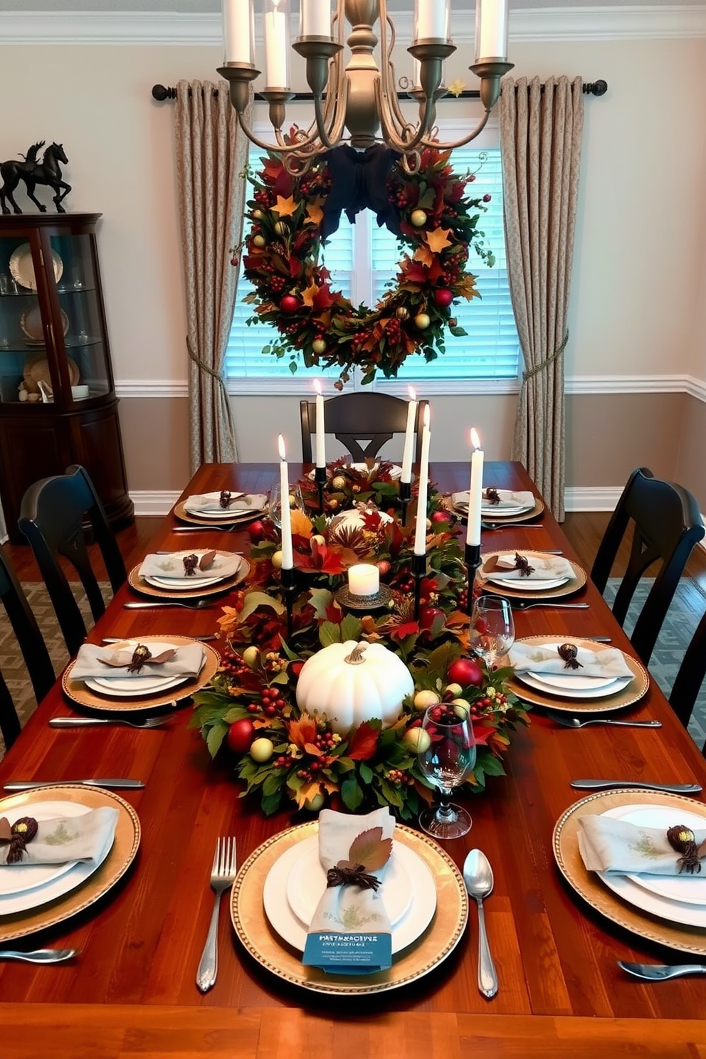 A beautifully set dining room for Thanksgiving. A large wooden table is adorned with a seasonal wreath made of autumn leaves and berries, complemented by elegant place settings and flickering candles.