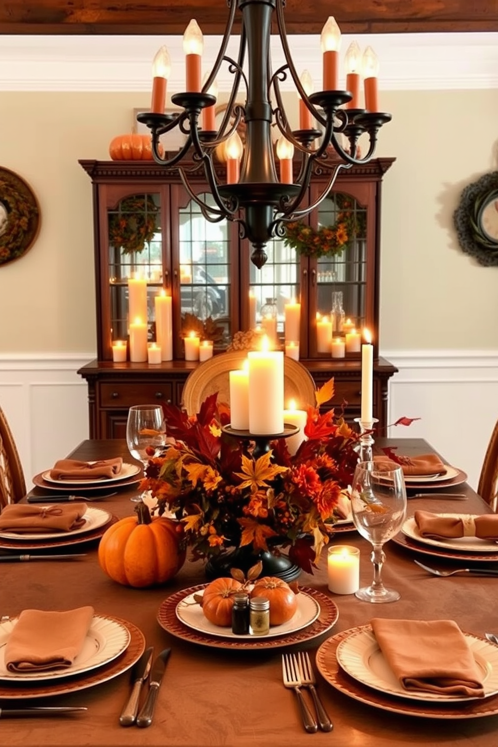 A cozy Thanksgiving dining room setting filled with warm spice-scented candles creating a welcoming atmosphere. The table is elegantly set with autumn-themed tableware, featuring deep oranges and rich browns, complemented by a centerpiece of seasonal flowers and foliage.