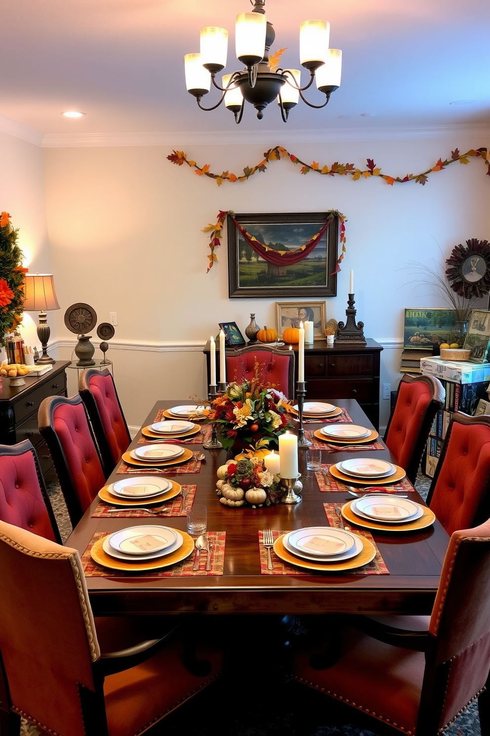 A warm and inviting Thanksgiving dining room features a large wooden table set for a festive meal. Surrounding the table are comfortable upholstered chairs in rich autumn colors, with a centerpiece of seasonal flowers and candles. The walls are adorned with tasteful fall-themed decorations, including garlands of leaves and pumpkins. Soft lighting creates a cozy atmosphere, while a sideboard holds an array of tabletop games for interactive fun during the gathering.