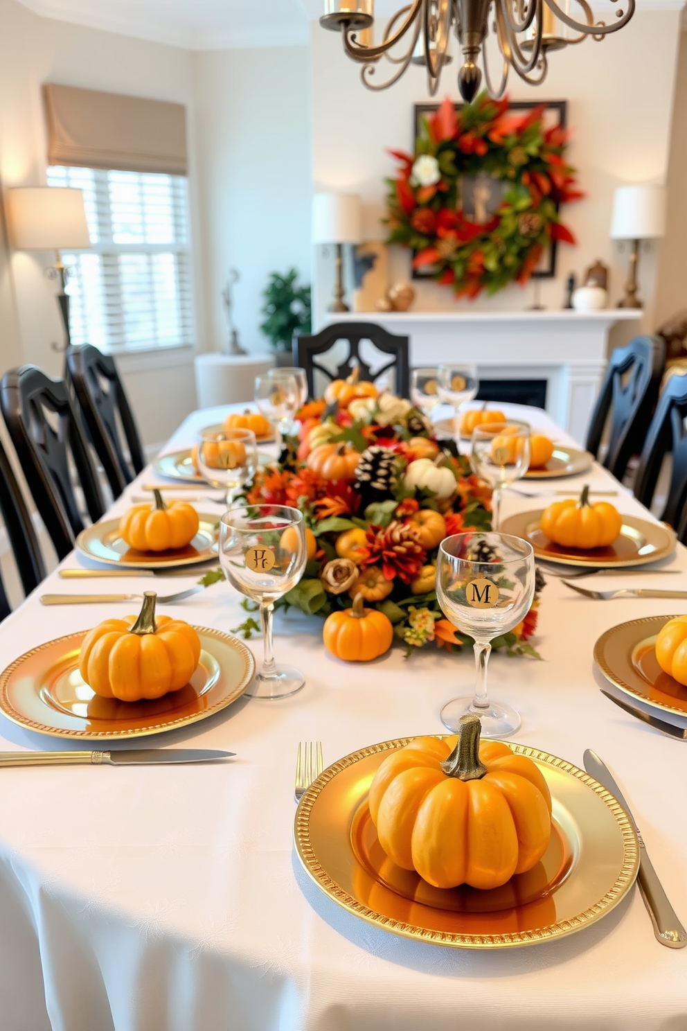 Create a warm and inviting Thanksgiving dining room setting. The table is elegantly set with a crisp white tablecloth and gold-accented dinnerware, featuring personalized mini pumpkins for each guest as unique place settings.