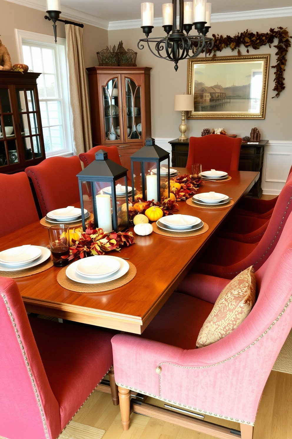 A warm and inviting Thanksgiving dining room features a large wooden table set for a festive feast. Candlelit lanterns are placed at the center, casting a soft glow that enhances the cozy atmosphere. Surrounding the table, plush upholstered chairs in rich autumn colors invite guests to sit and enjoy. Seasonal decorations like pumpkins and garlands of leaves adorn the table, creating a welcoming and festive setting.