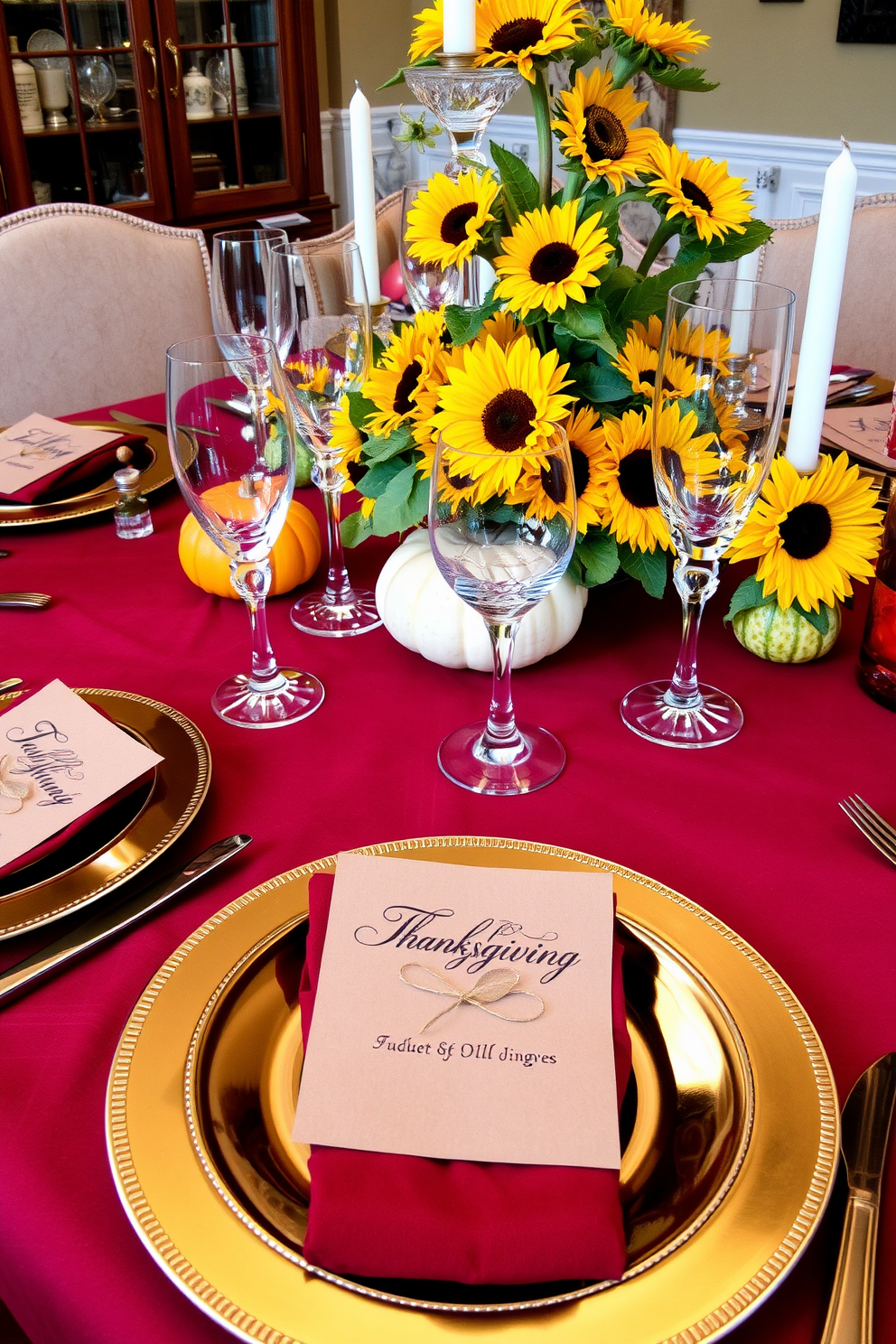 Thanksgiving-themed place cards for guests. Each card features elegant calligraphy on a rustic brown cardstock, adorned with a small autumn leaf and a twine bow. Thanksgiving Dining Room Decorating Ideas. The table is set with a rich burgundy tablecloth, complemented by gold-rimmed plates and crystal glassware, surrounded by vibrant centerpieces of pumpkins and sunflowers.