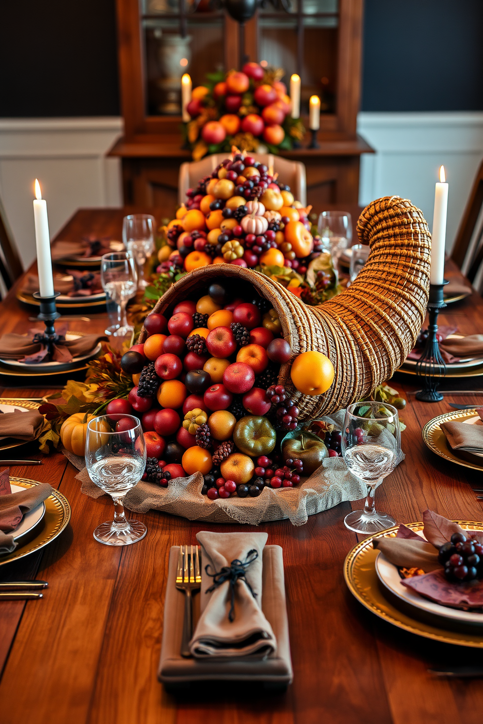 A beautifully arranged cornucopia overflowing with vibrant seasonal fruits sits as the centerpiece on a rustic wooden dining table. Surrounding the table are elegant place settings featuring autumn-themed dinnerware, with warm candlelight illuminating the rich hues of the Thanksgiving decor.