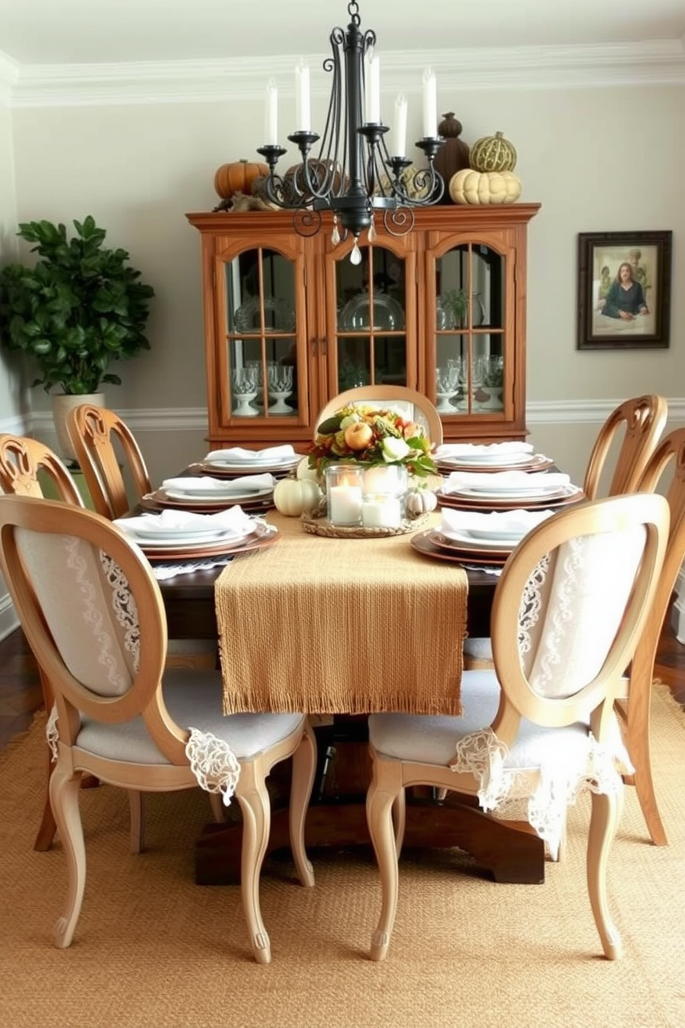 A cozy Thanksgiving dining room featuring layered textures with burlap and lace. The table is set with a rustic burlap table runner, adorned with delicate lace overlays, surrounded by elegant wooden chairs.