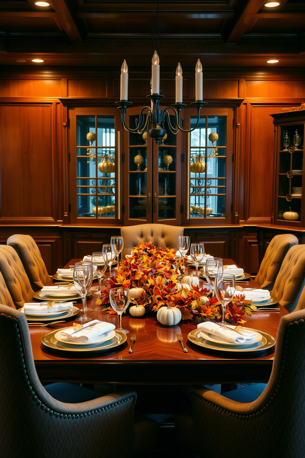 A warm and inviting dining room adorned with rich wooden furniture. The table is set with elegant gold-accented dinnerware and surrounded by plush upholstered chairs. Soft, ambient lighting illuminates the space, highlighting the autumn-themed centerpieces. A garland of fall leaves and small pumpkins runs along the table, creating a festive atmosphere.