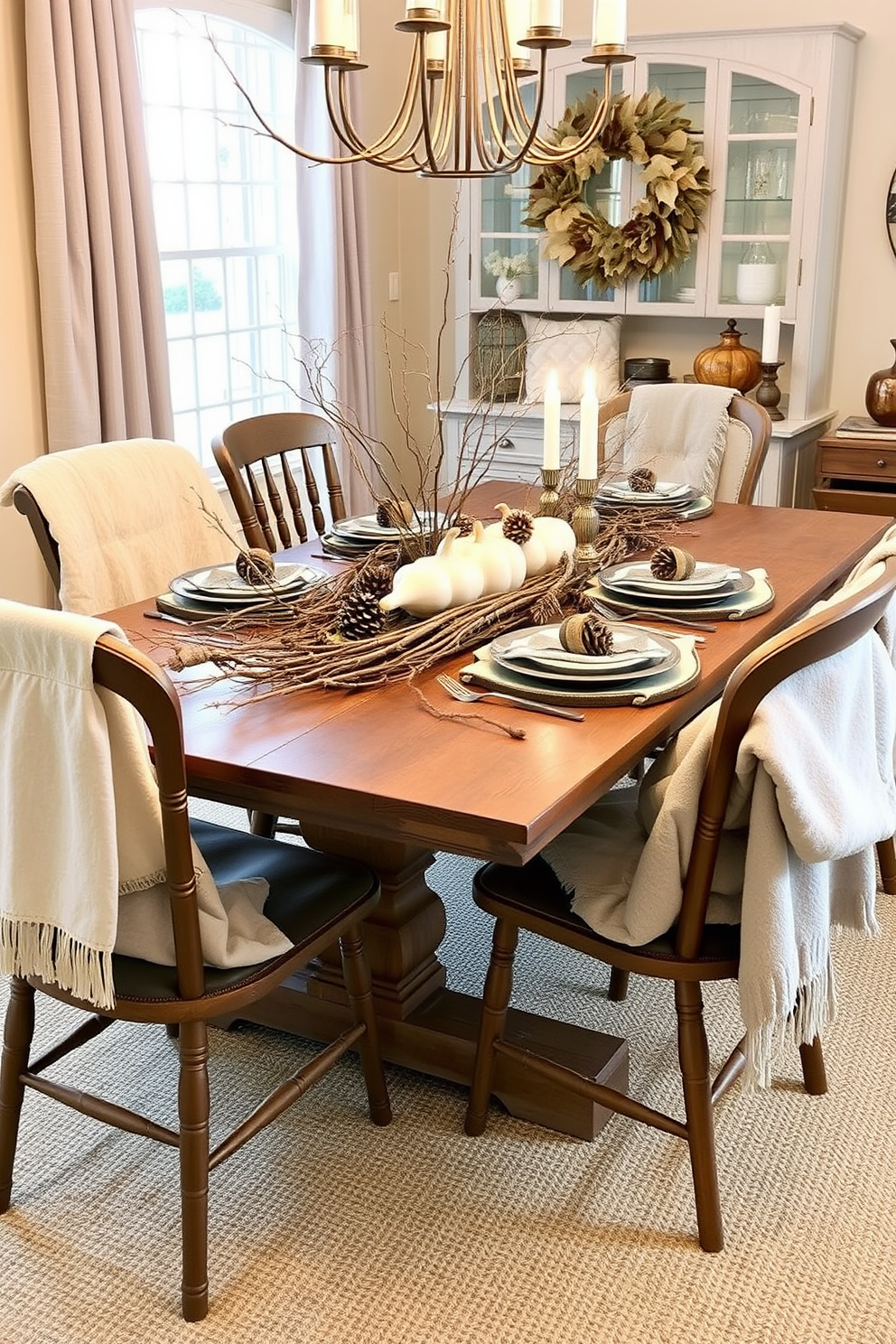 A cozy Thanksgiving dining room setting featuring a rustic wooden table adorned with twigs and pinecones. Surrounding the table are mismatched chairs, each draped with soft, neutral-toned throws to create an inviting atmosphere.