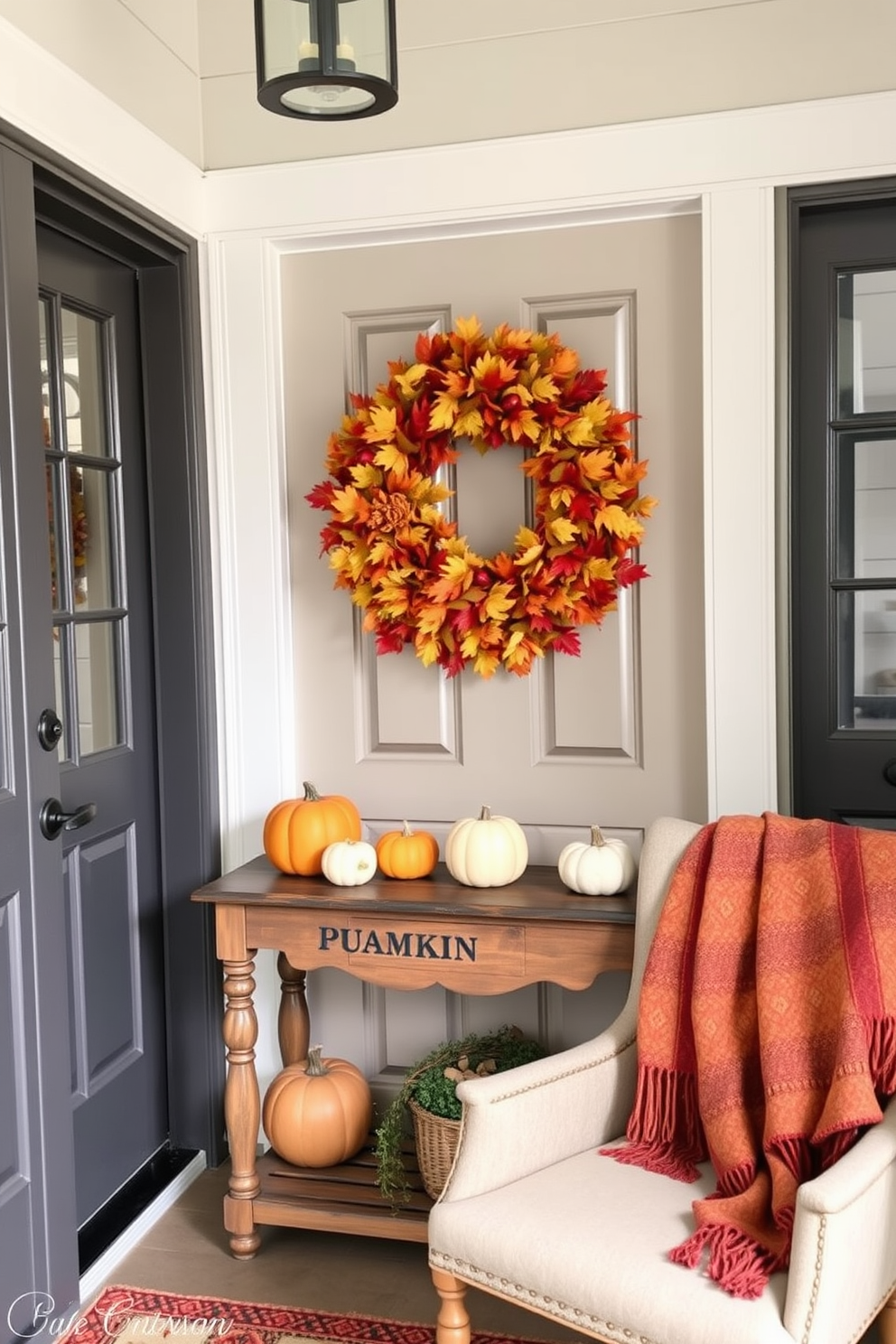 A warm autumn wreath adorns the front door, crafted from vibrant leaves and seasonal accents. The entryway features a rustic console table topped with decorative pumpkins and a cozy throw blanket draped over a nearby chair.