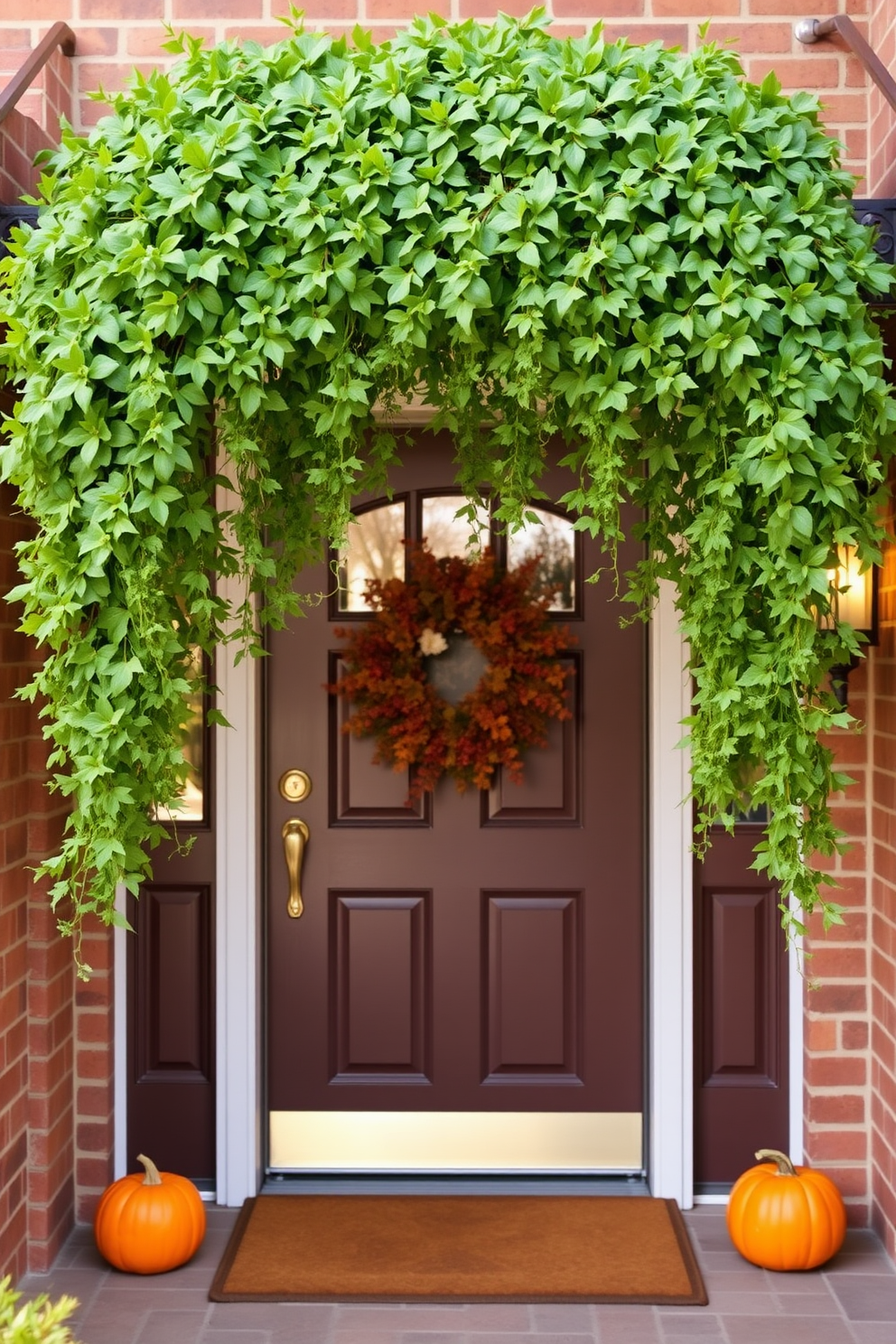 A warm and inviting entryway adorned with a hanging garland of lush green leaves draping elegantly above the door. The garland is complemented by small, decorative pumpkins placed on either side of the entrance, creating a festive Thanksgiving atmosphere.