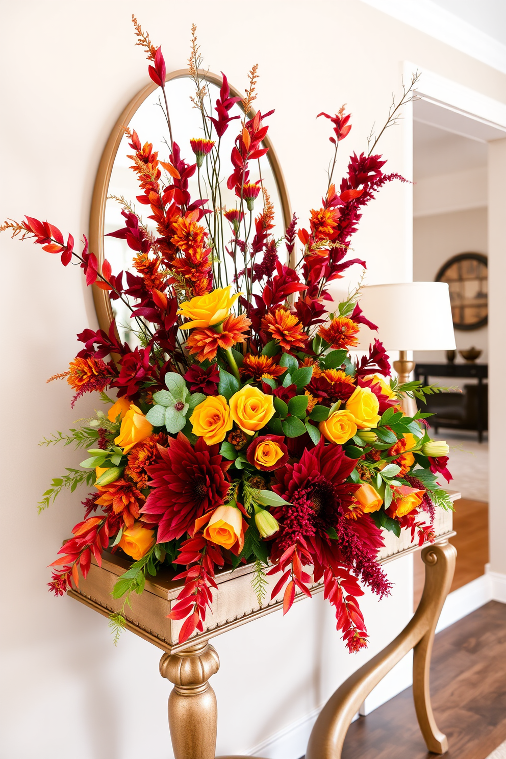 A stunning console table adorned with a vibrant seasonal floral arrangement featuring rich autumn hues. The arrangement includes deep reds, oranges, and yellows, complemented by lush greenery, creating a warm and inviting atmosphere for the entryway.