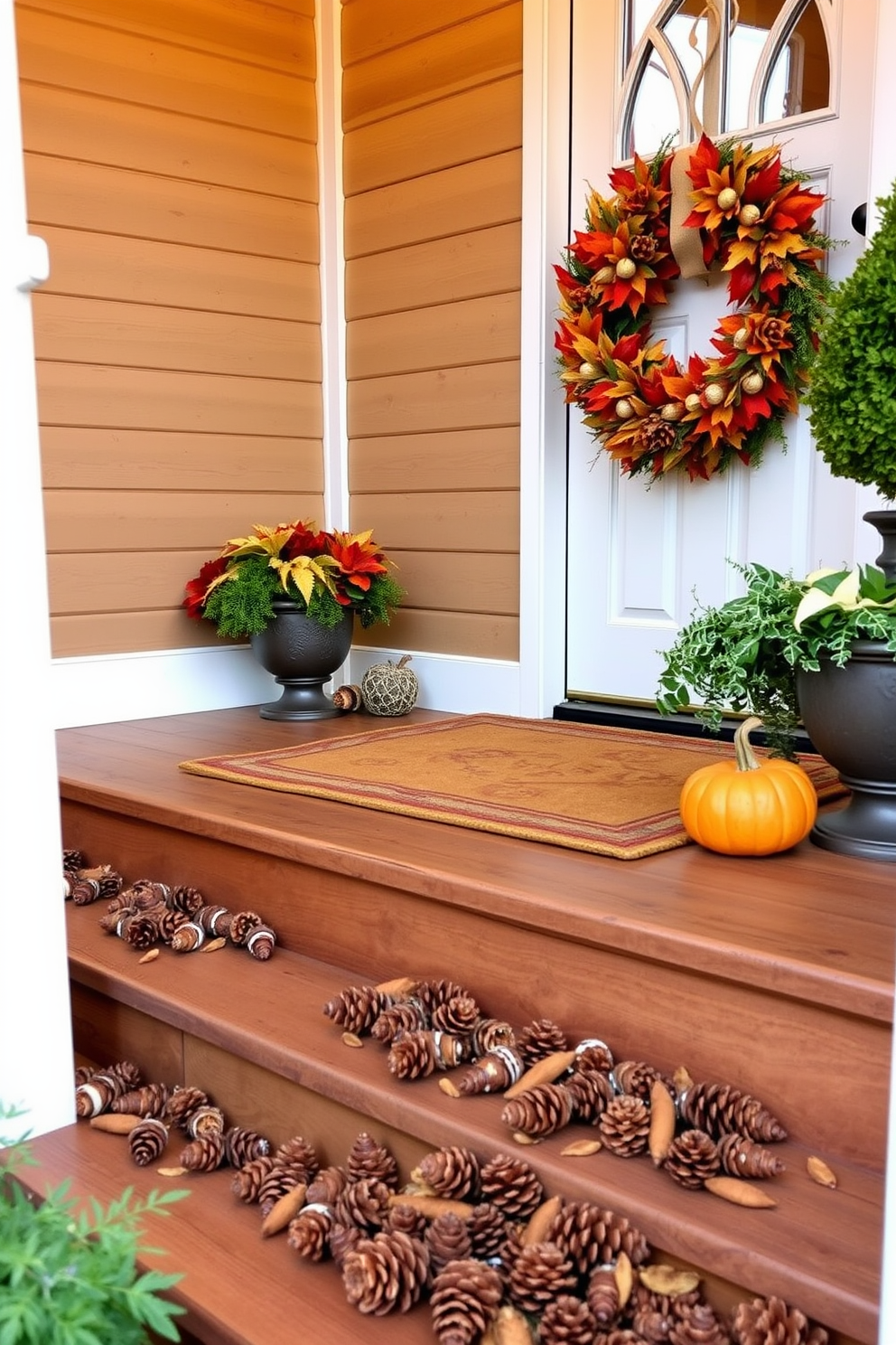 A warm and inviting entryway decorated for Thanksgiving. Pinecones are scattered artfully on the wooden steps, complemented by a rich autumn wreath hanging on the door.