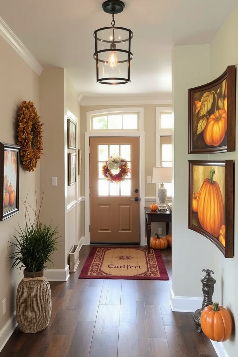 A warm and inviting entryway adorned with harvest-themed artwork that captures the essence of Thanksgiving. The walls are decorated with framed paintings of autumn leaves and pumpkins, creating a festive atmosphere.