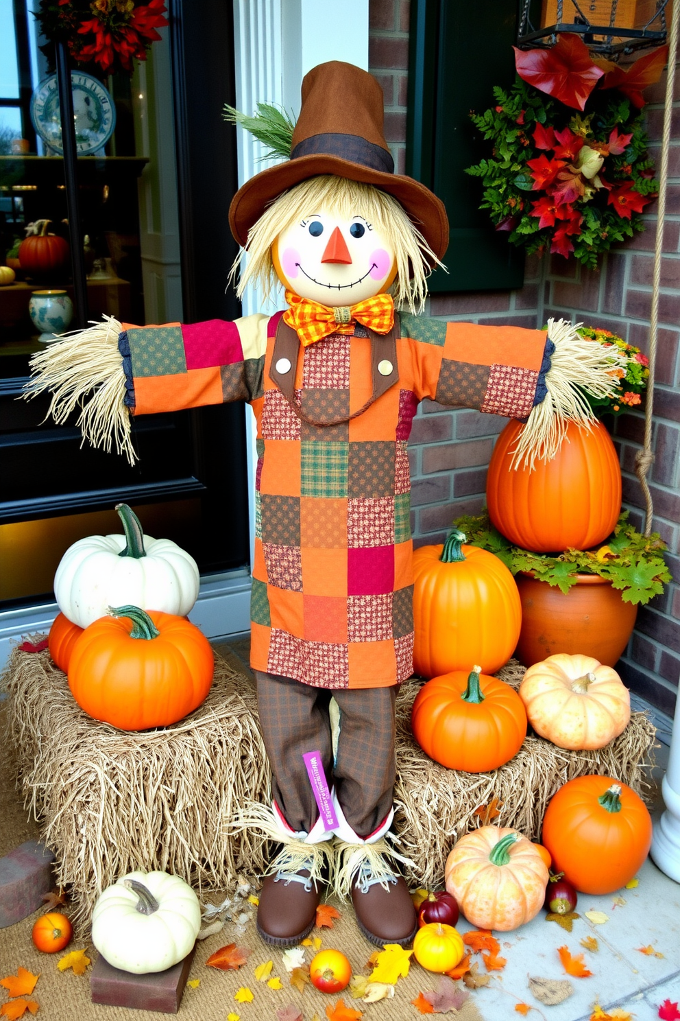 A charming scarecrow stands by the front door, welcoming guests with a friendly smile. Dressed in colorful patchwork clothing, it adds a festive touch to the Thanksgiving entryway. Surrounding the scarecrow are pumpkins of various sizes, arranged neatly on a hay bale. Autumn leaves and gourds are scattered around, enhancing the seasonal decor.