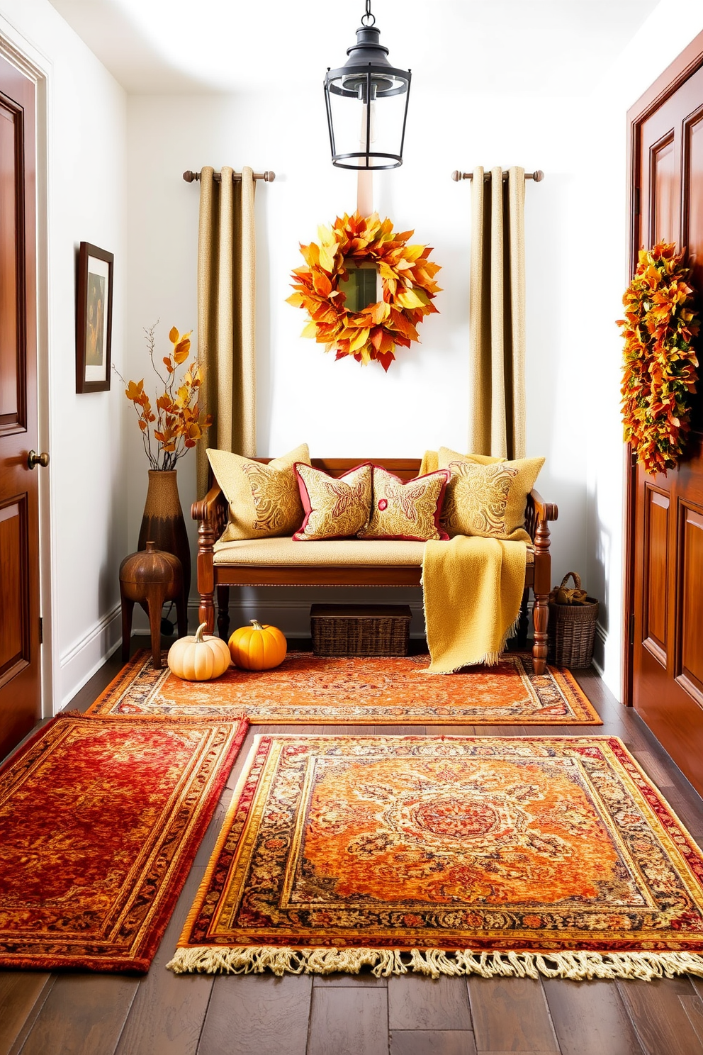 Layered rugs in warm tones create a cozy and inviting atmosphere in the entryway. The rich textures and colors complement the seasonal decorations, enhancing the overall warmth of the space. Incorporate natural elements like pumpkins and autumn leaves to celebrate the Thanksgiving theme. A welcoming bench adorned with soft cushions completes the look, inviting guests to pause and enjoy the seasonal charm.