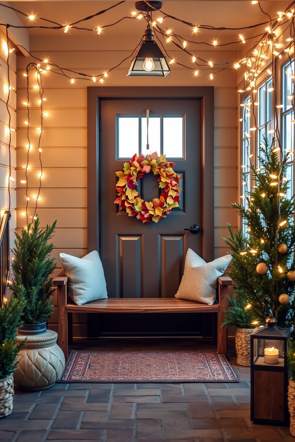 A warm and inviting entryway adorned with string lights that create a festive glow. The space features a rustic wooden bench with plush cushions, and a seasonal wreath made of autumn leaves hangs on the door.