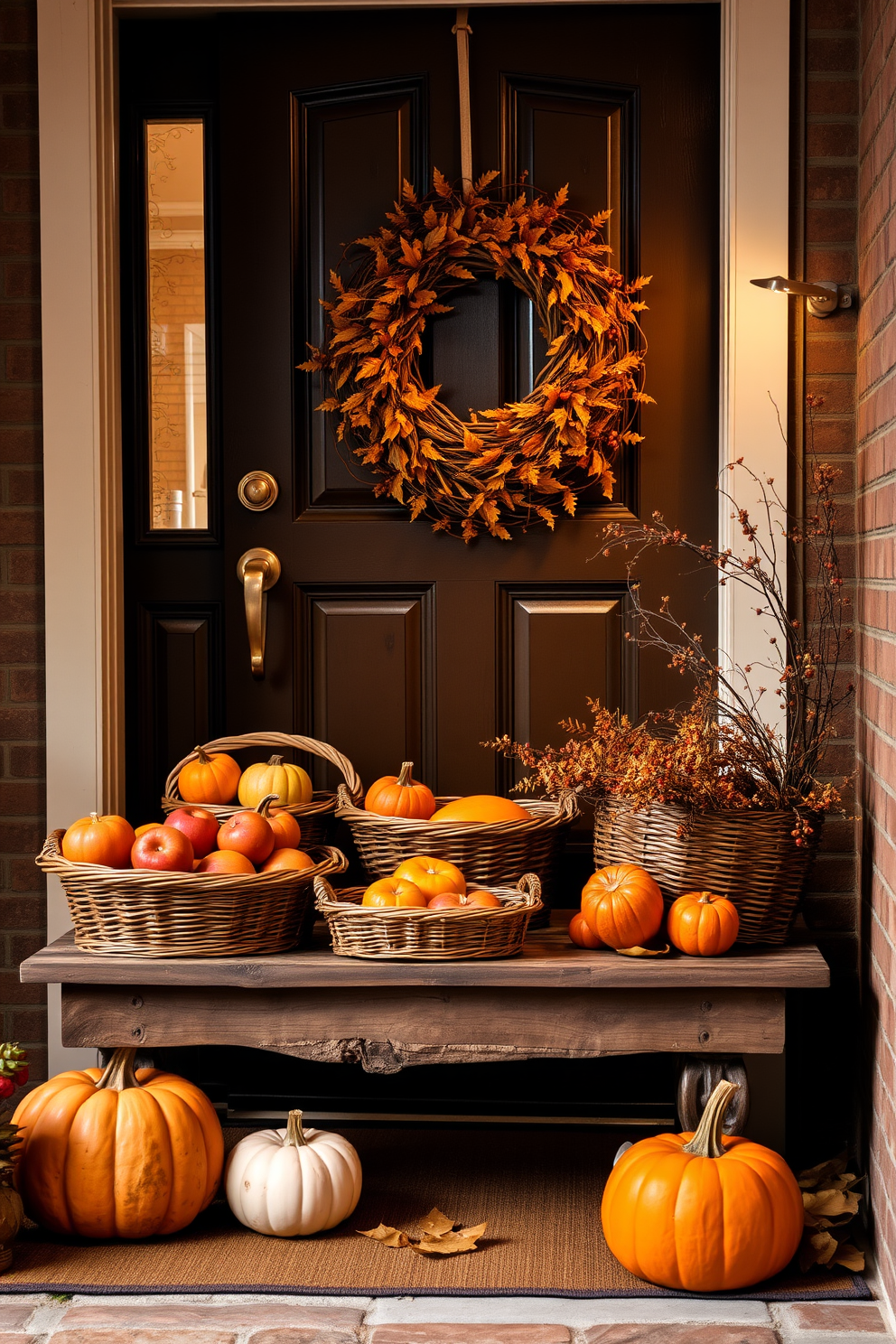 A warm and inviting entryway adorned for Thanksgiving. Woven baskets filled with seasonal fruits like apples and pumpkins are placed on a rustic bench, creating a welcoming atmosphere. Soft, ambient lighting illuminates the space, highlighting the rich autumn colors. A decorative wreath made of dried leaves and berries hangs on the door, enhancing the festive spirit.