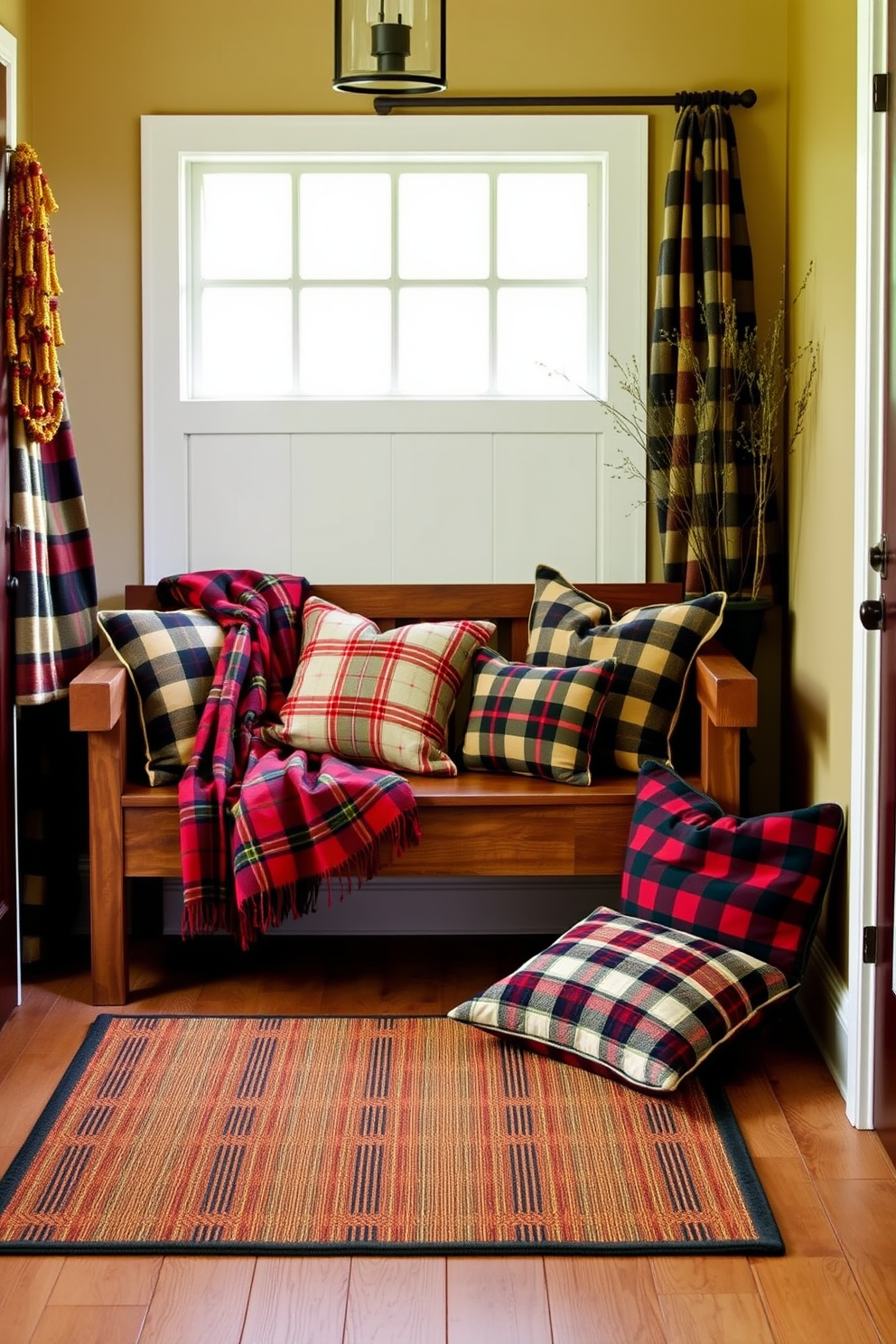 A warm and inviting entryway adorned with plaid accents in cushions and throws. The space features a rustic wooden bench with a cozy plaid throw draped over it, and decorative pillows in various plaid patterns are arranged to create a welcoming atmosphere.