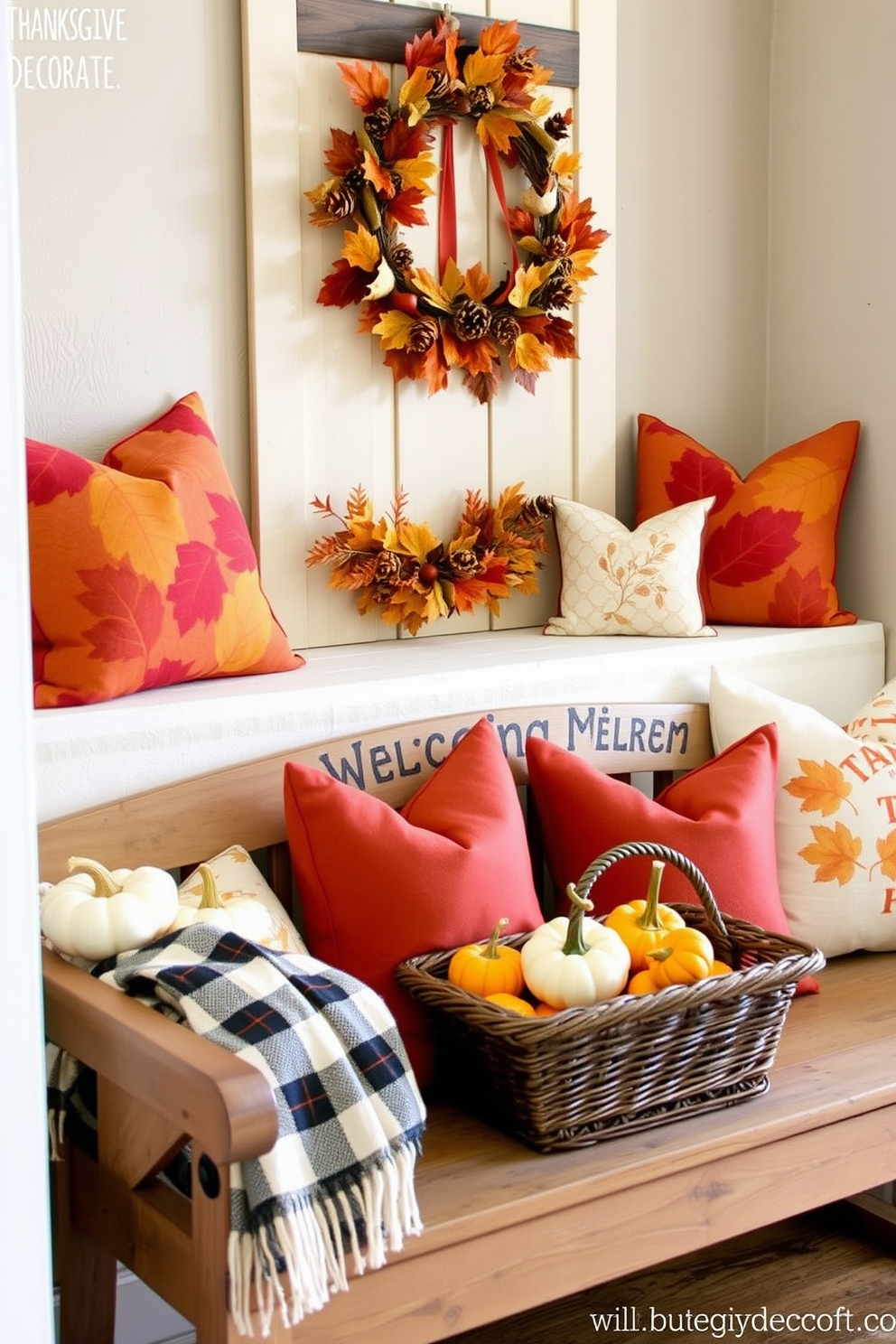 Autumn-themed pillows in a cozy seating area create a warm and inviting atmosphere. The pillows feature rich colors like burnt orange, deep red, and golden yellow, complementing the surrounding decor. Thanksgiving entryway decorating ideas include a welcoming wreath made of autumn leaves and pinecones. A rustic bench adorned with a plaid throw and a basket of mini pumpkins adds to the festive charm.