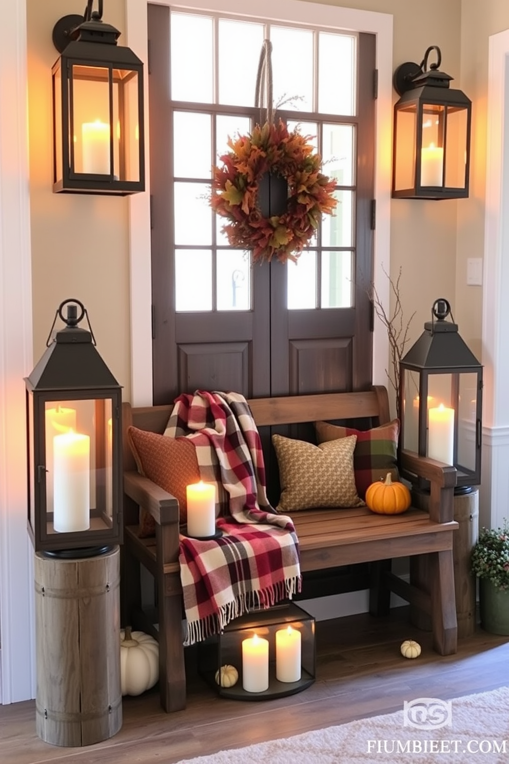 A cozy Thanksgiving entryway adorned with rustic lanterns filled with flickering candles. The warm glow of the lanterns illuminates a wooden bench draped with a plaid blanket, inviting guests to relax.