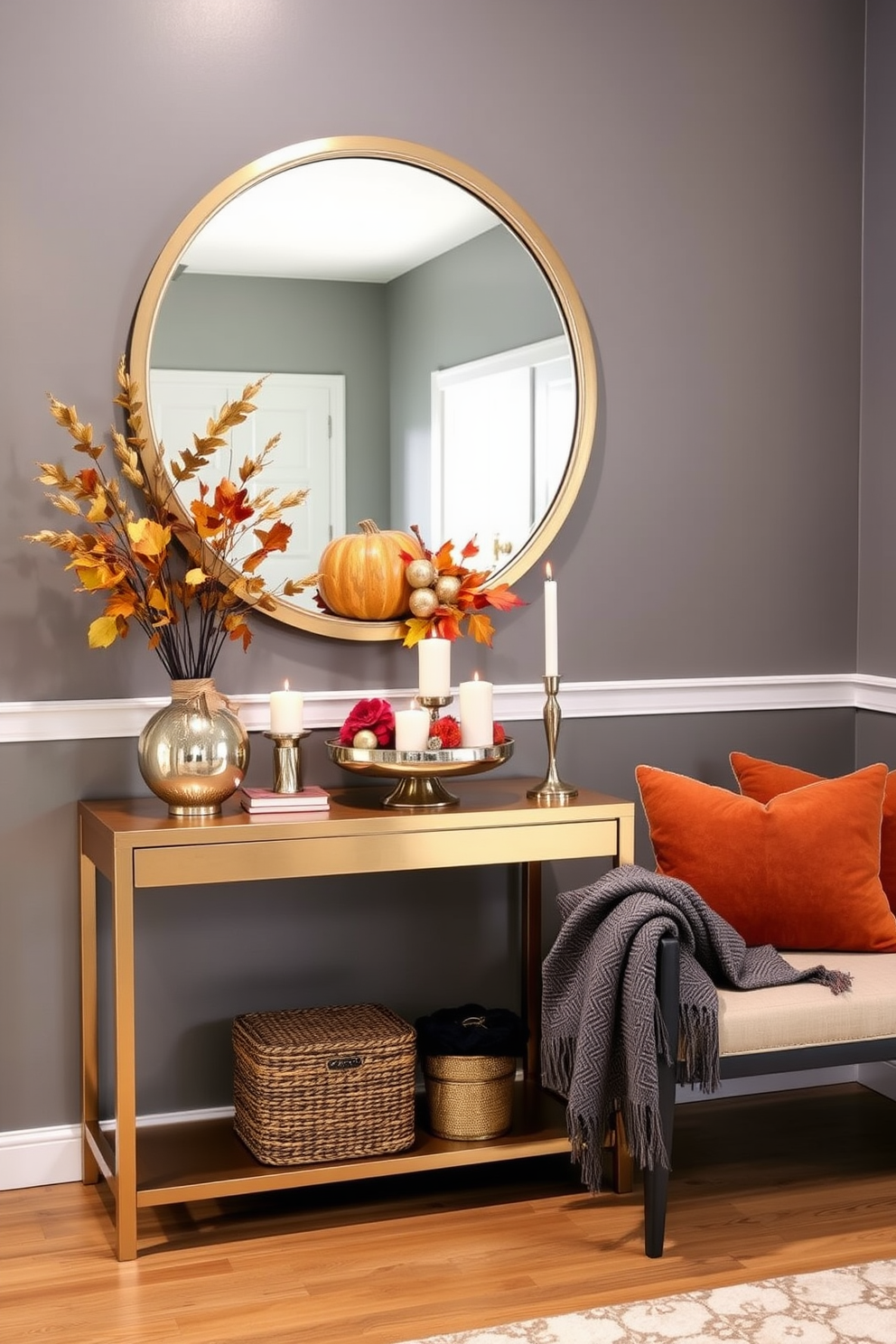 A stylish entryway adorned with metallic accents creates a welcoming atmosphere. A sleek console table with a brushed gold finish is complemented by a large round mirror with a metallic frame, reflecting light and enhancing the space. Seasonal decorations for Thanksgiving include a vibrant centerpiece featuring autumn leaves, pumpkins, and candles. Warm-toned throw pillows and a cozy blanket are draped over a nearby bench, inviting guests to sit and enjoy the festive ambiance.