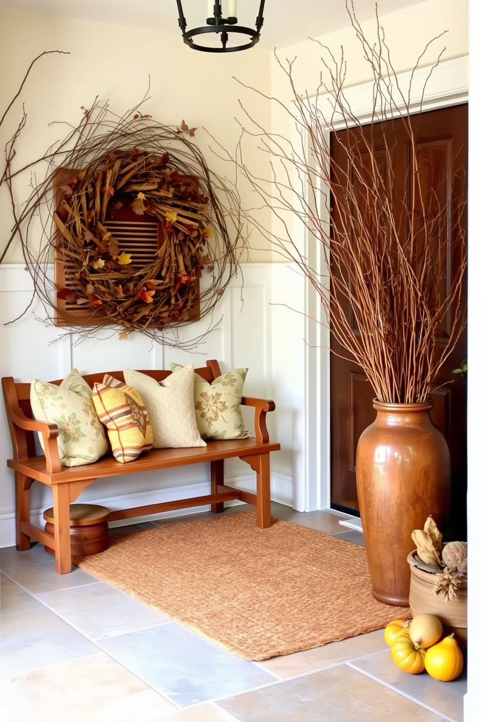 A warm and inviting entryway adorned with natural elements such as twigs and branches. The floor is covered with a rustic woven mat, and a wooden bench is placed against the wall. On the bench, a collection of decorative pillows in autumn colors adds comfort. A large vase filled with twigs and branches stands prominently next to the entrance, creating a cozy Thanksgiving atmosphere.