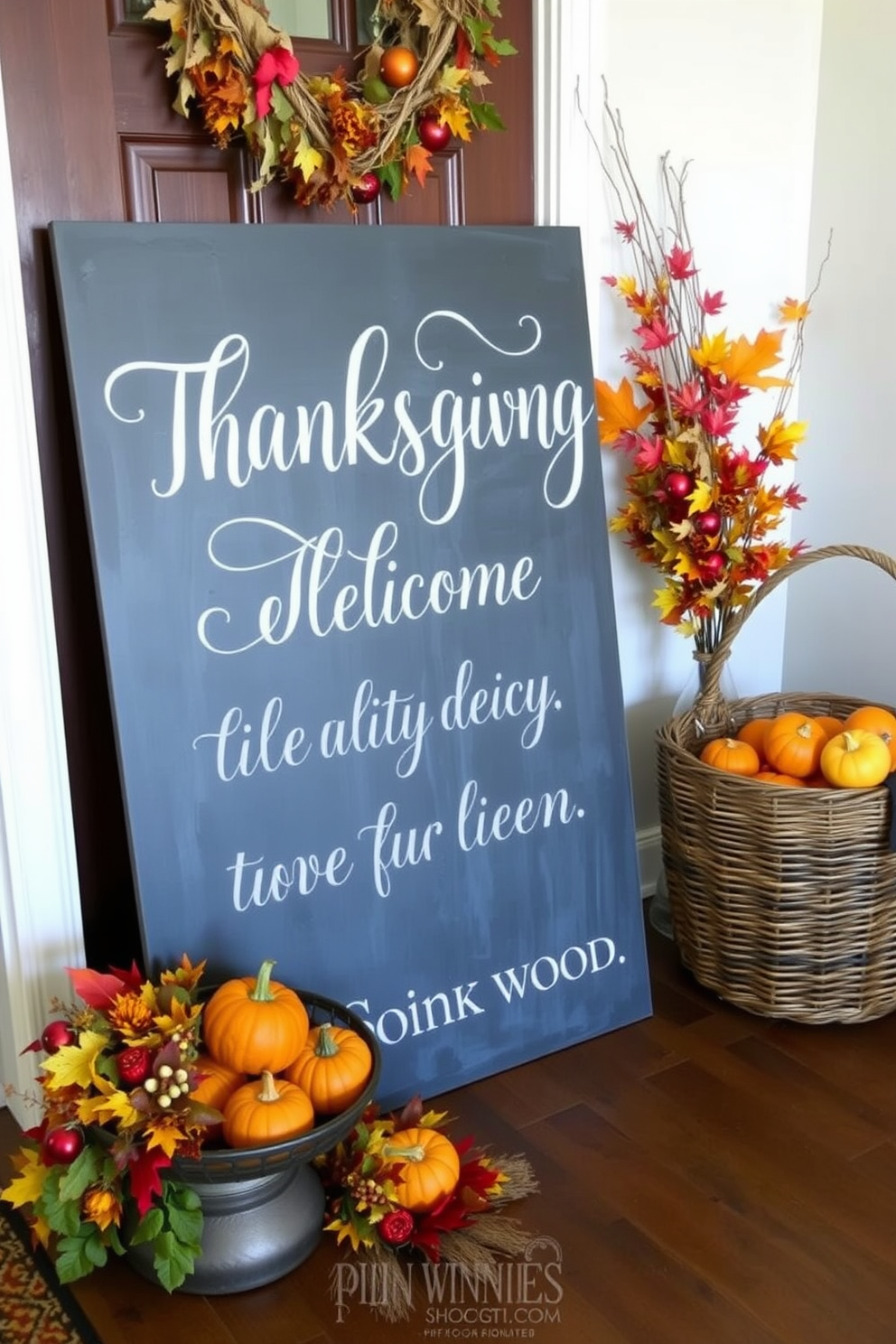 A welcoming entryway features a large chalkboard sign displaying a festive Thanksgiving message in elegant handwritten script. Surrounding the sign are autumn-themed decorations, including small pumpkins, colorful leaves, and a cozy woven basket filled with seasonal fruits.